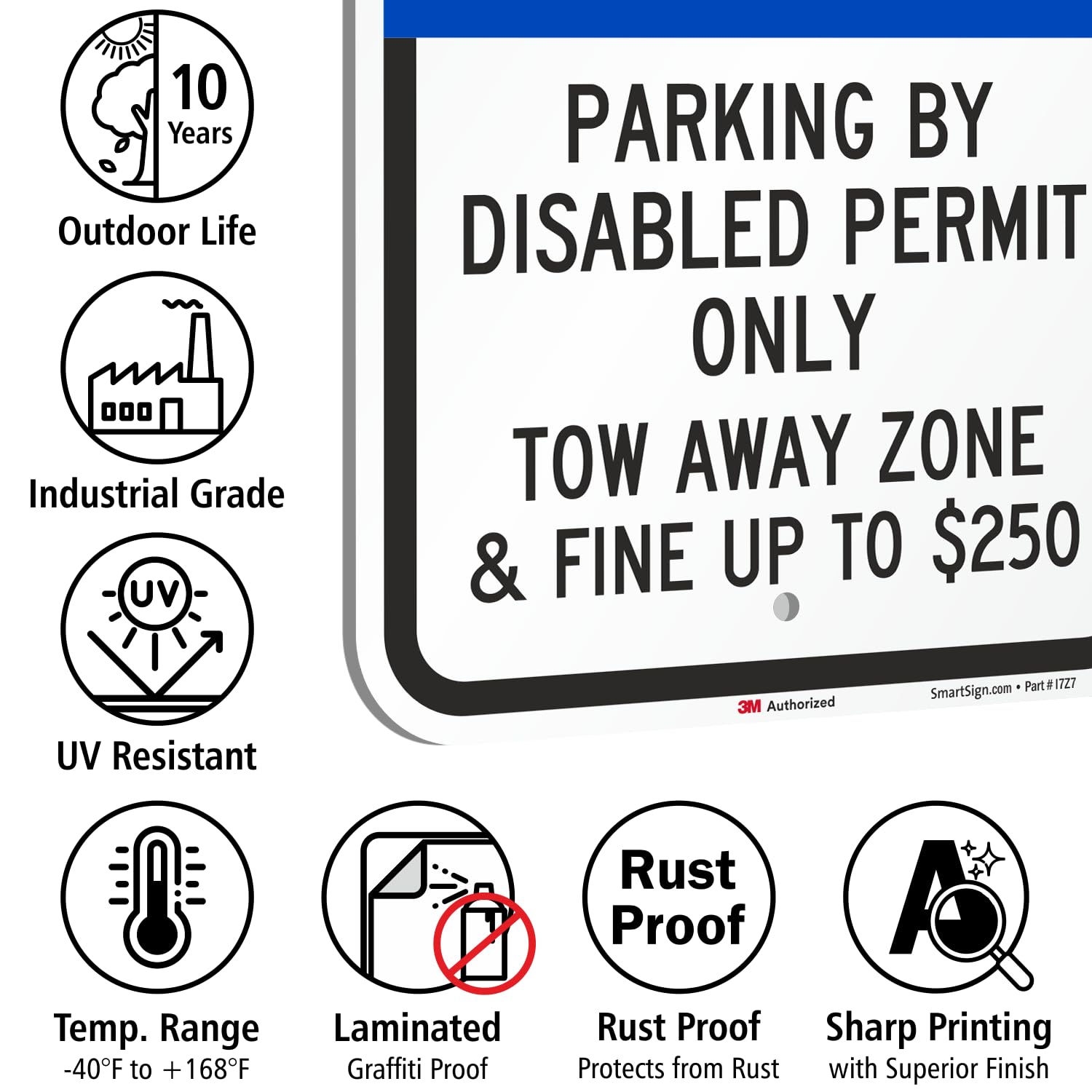 SmartSign Paquete de 2 letreros "Parking By Disabled Permit Only Tow-Away Zone & Fine Up To $250", 12 x 18 pulgadas, aluminio de 63 mil, material reflectante laminado 3M, azul/negro/blanco, fabricado