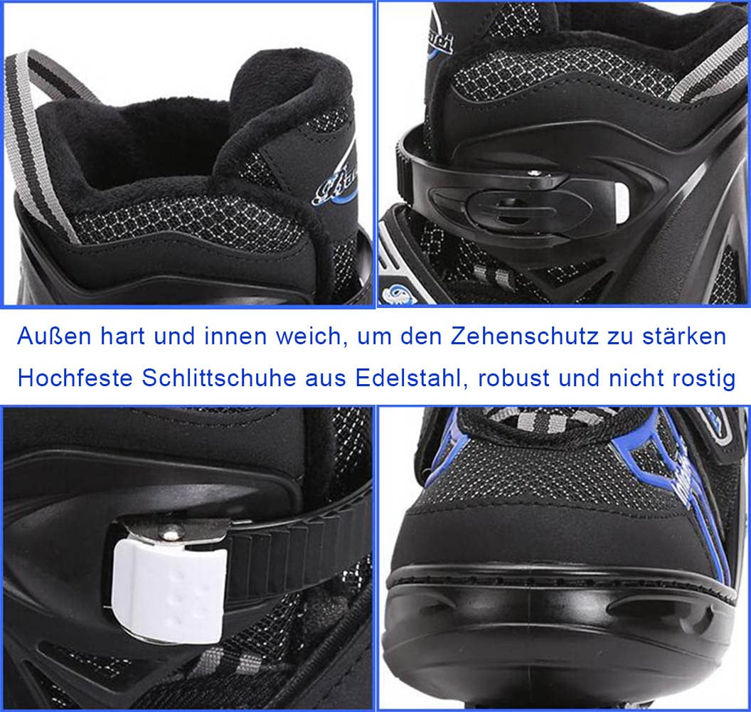 Verstellbar Eishockey Schlittschuhe für Herren Damen Erwachsene Kinder, Edelstahl Ice Skates, Eislaufschuhe mit Schnellschnürsystem & Push-Lock-Schnalle für Sicheren Halt