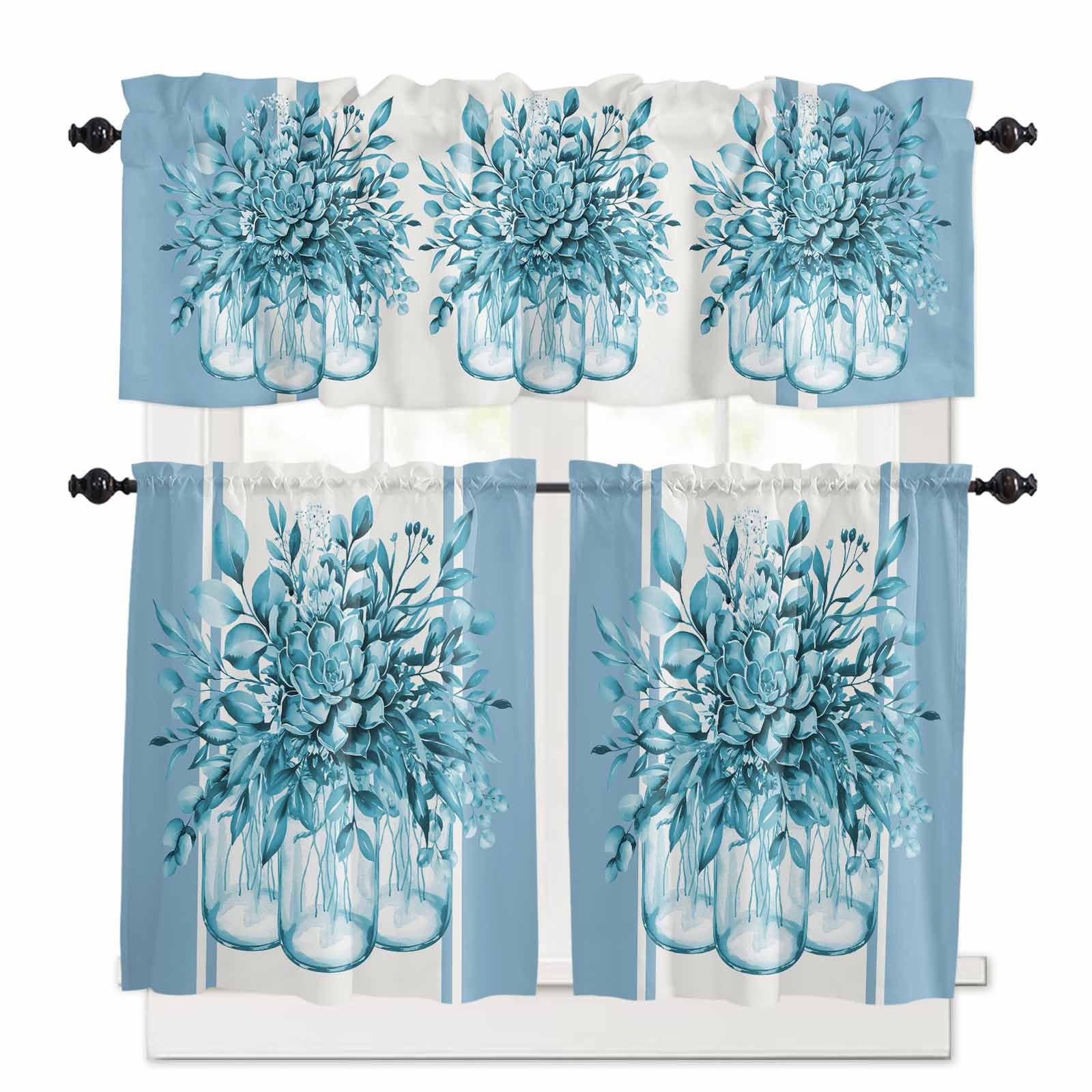 Eucalyptus Aqua Kitchen Curtains 24 Inch Length, 3 Piece Rod Pocket Small Half Tiers and Valance Set, Stripes Bottle Flower Cactus Plant Small Large Window Treatment Decor for Bedroom/Bathroom Sink