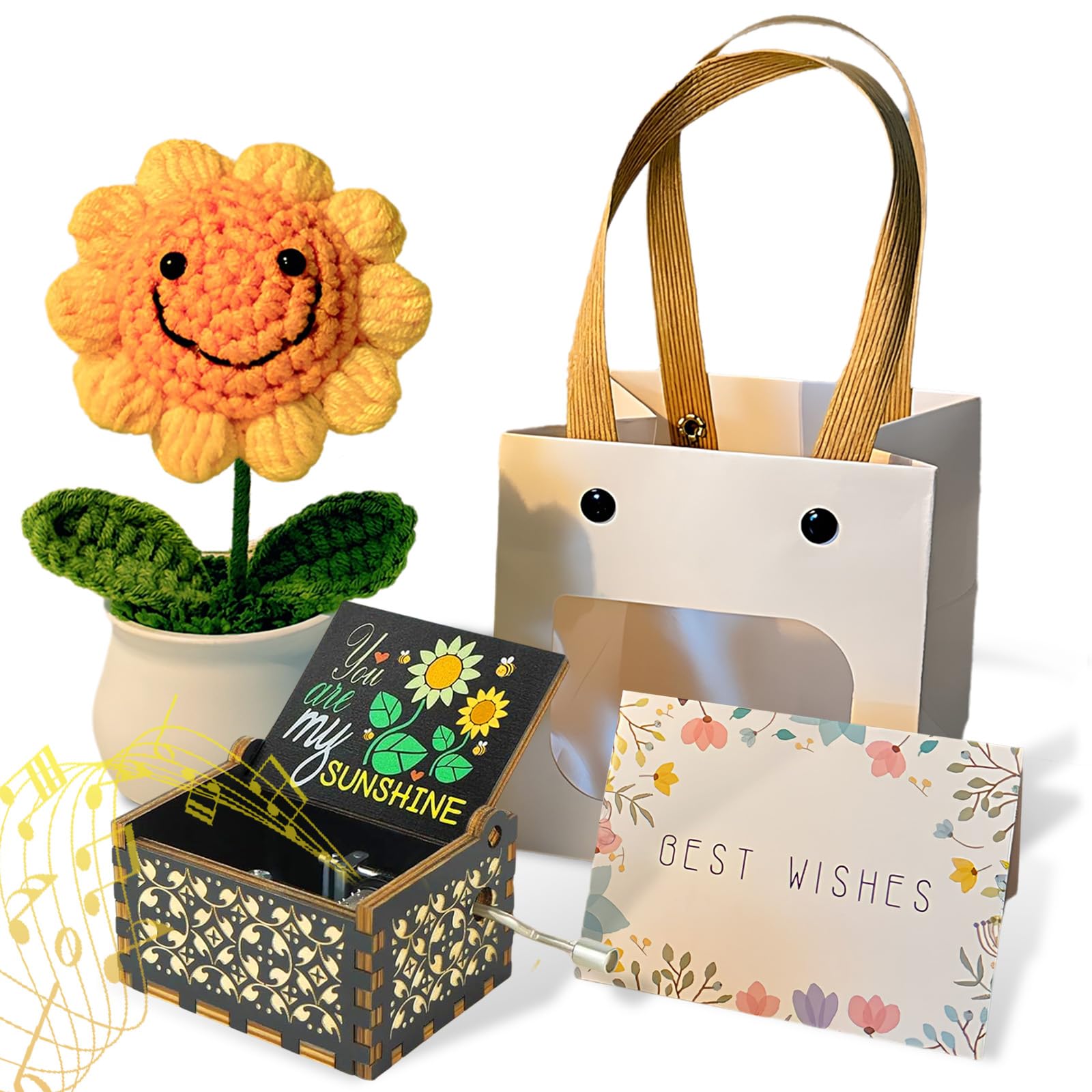 Birthday Gifts for Mom, You are My Sunshine Wood Music Boxes and Knitted Positive Sunflower Crochet, Sunshine Hand Crank Musical Box Gifts for Woman