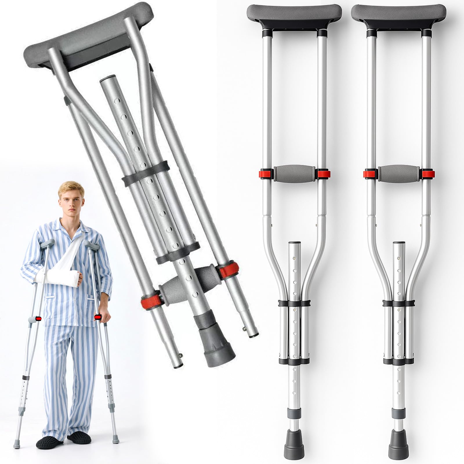 Achselkrücken - krücken mit 21 Stufig Höhenverstellbar, Achselgehstütze 130 kg, Mit Weichen Unterarm und Handauflagen, für Personen mit Verletzungen am Fußgelenk, Knie und Beinen, 1 Paar