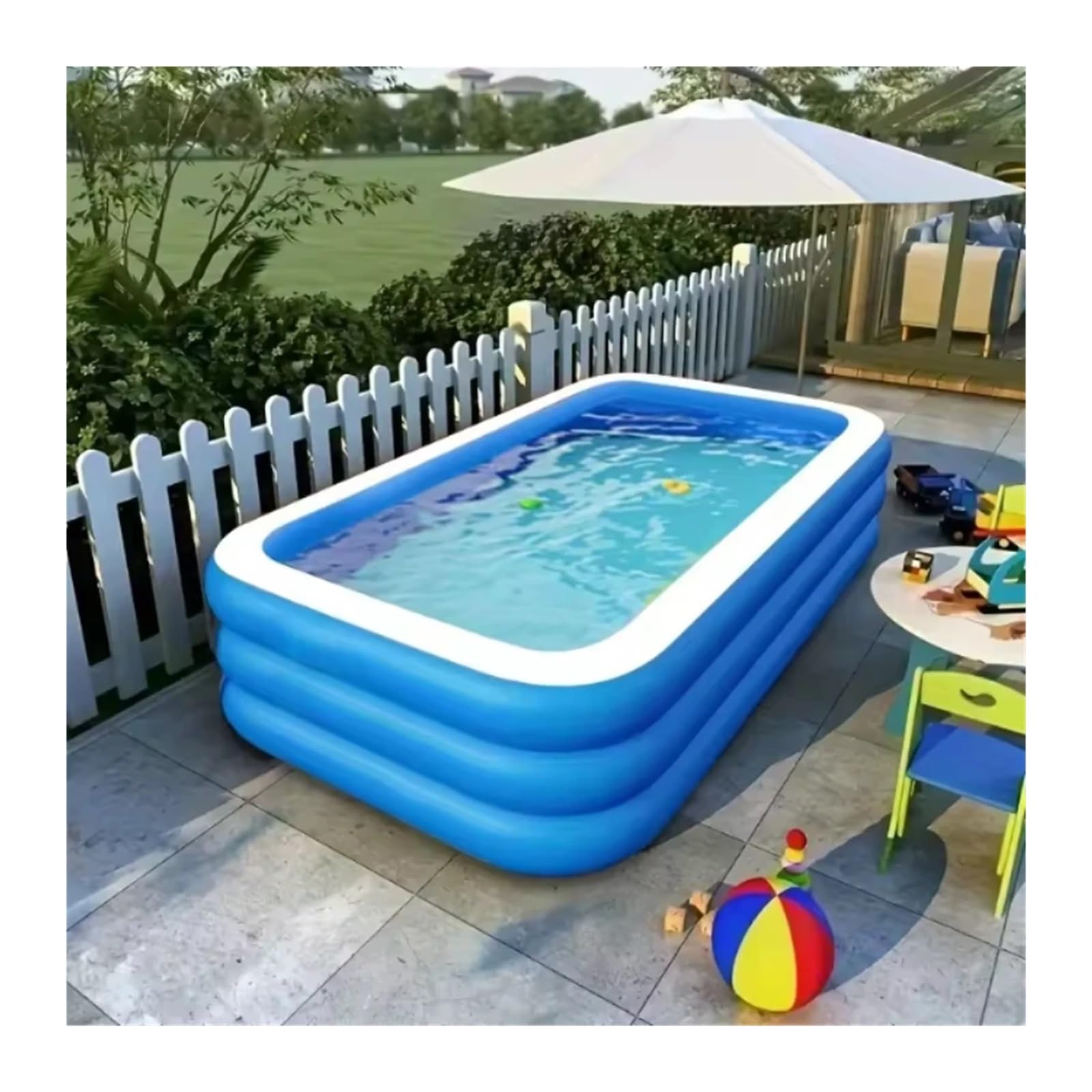 Aufblasbarer Pool, quadratisch, für Familien mit einem Boden, erhöht und verdickt, mit drei Ringen, blau und weiß, große Schwimmbäder für zu Hause(L)