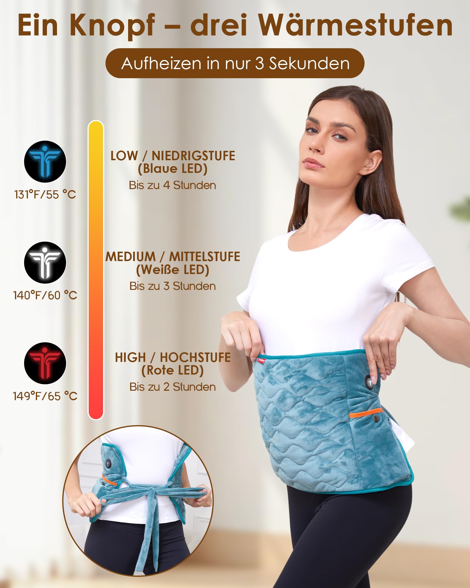 Wireless Electric Heating Pad with Battery, 10,000 mAh, Heating Pad Back with 3 Heat Settings, Rechargeable Heated Blanket Back with Strap for Back, Neck, Shoulder, Gift for Men Women