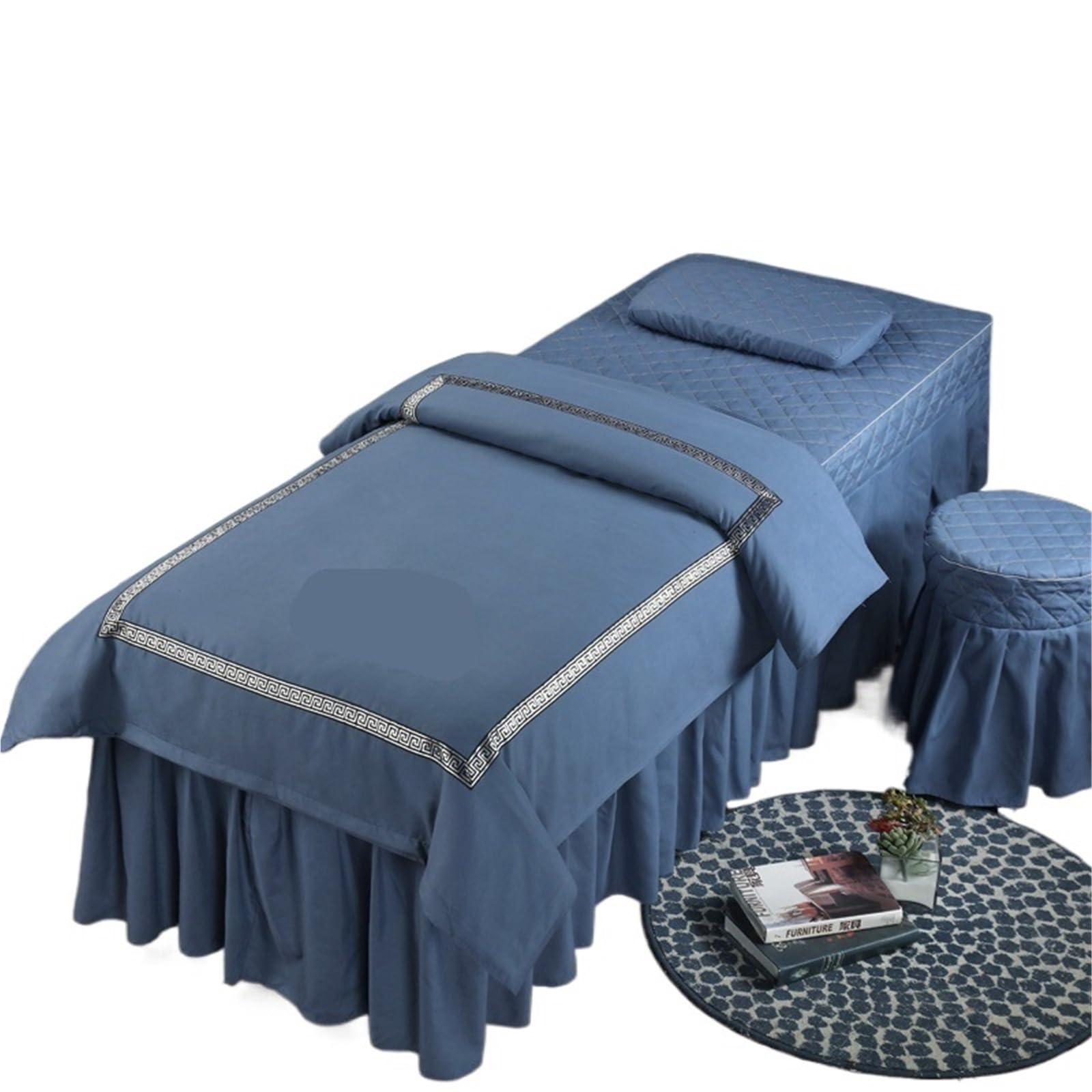 GCYEIDMA Beauty Salon Bed Cover Sets 4pcs Beauty Salon Bed Cover Massage Spa Bedskirt Pillowcase Stool Beddings Sets(Blue,185x70)