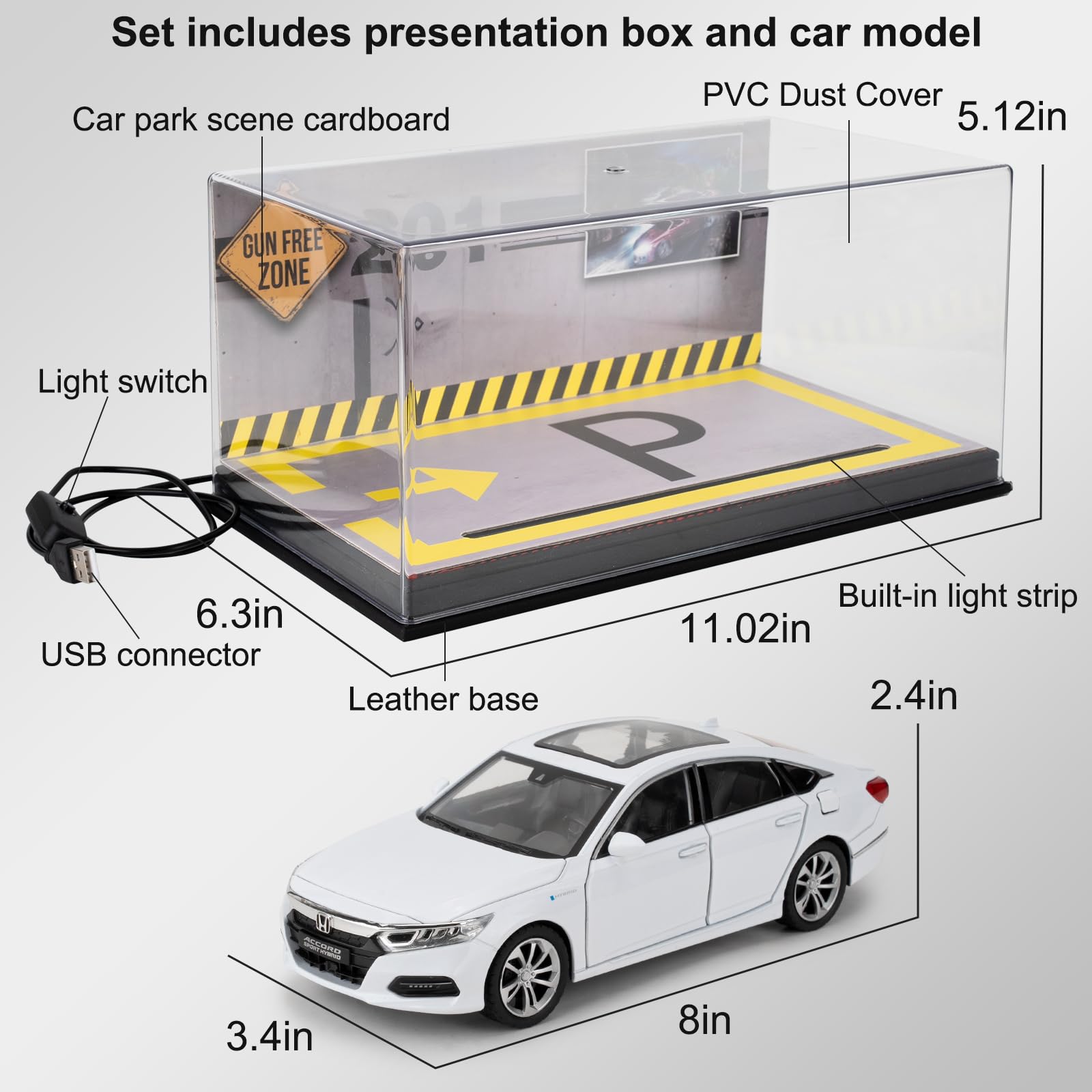 Transparent Acrylic Display Case with 1/24 Scale Accord Model, Leather Base Transparent Display Case with LED Display Strips and Car Park Scene Cardboard, Car Model with Dust Protection Cover