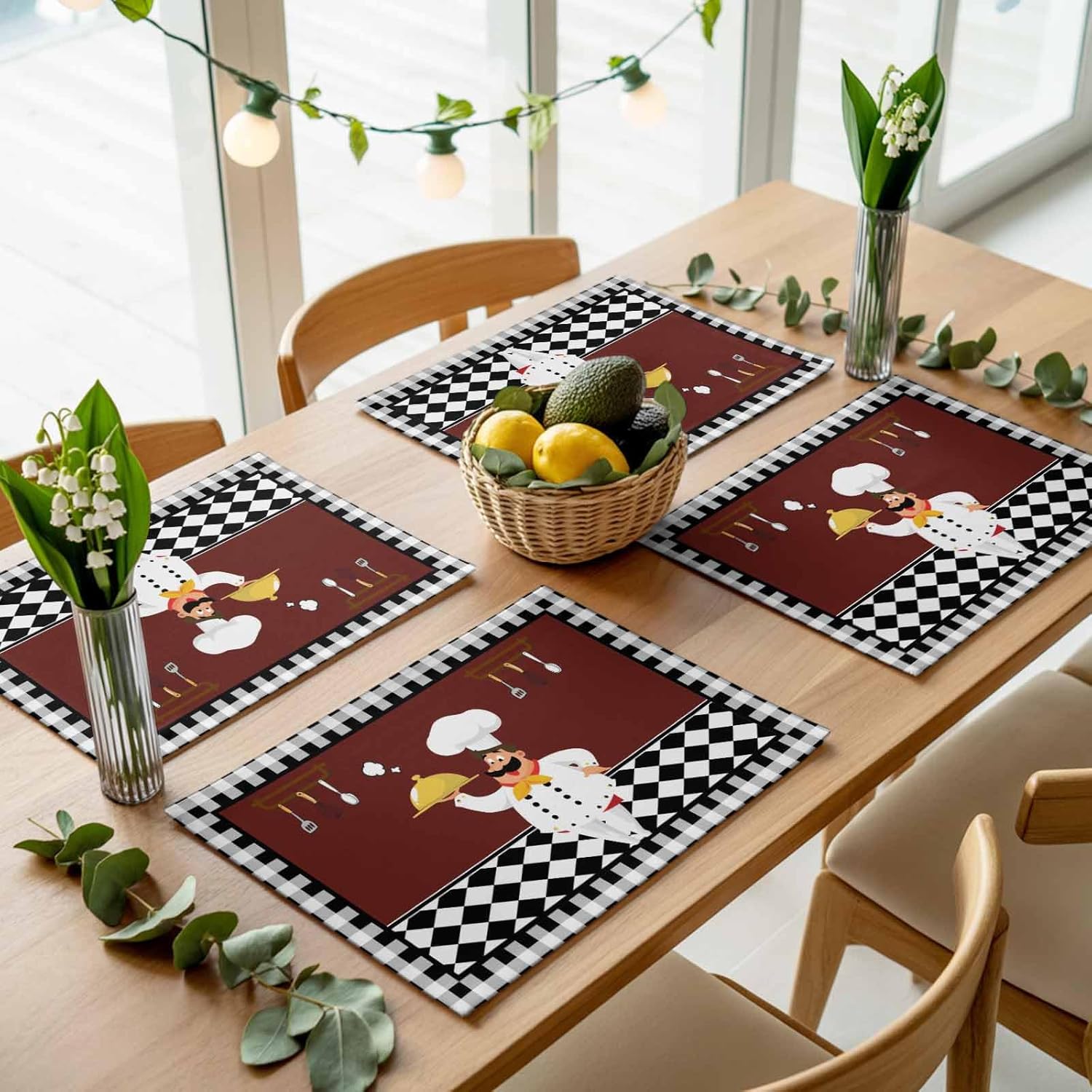 Vintage Placemats Set of 6 Kitchen Chef Gourmet Buffalo Plaid Dining Room Heat Tolerant Placemat Washable Linen Place Mats Foldable Cloth for Kitchen Table Holiday Party Home Decor 13x19 in