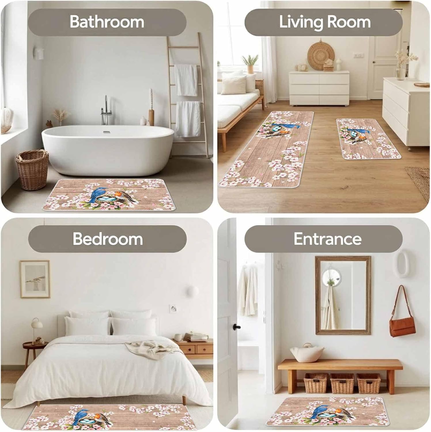 Spring Cherry Flower Bird Kitchen Rug and Mat,Washable Floor Mats Standing Cushioned Set of 2,Rustic Floral Retro Wood Board Slip-Proof Doormat Runner Rugs for Indoor Bathroom Laundry Sink