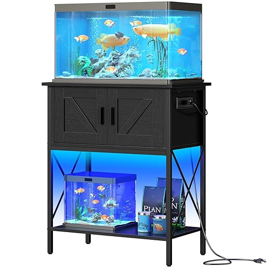 HOOBRO 20 Gallon Fish Tank Stand with Power Outlets and LED Light, Metal Frame Aquarium Stand, Reptile, Turtle Tank Stand with Cabinet Storage, 27.6'' L x 15.7'' W, 300 LBS Capacity, Black BB40UDFT01