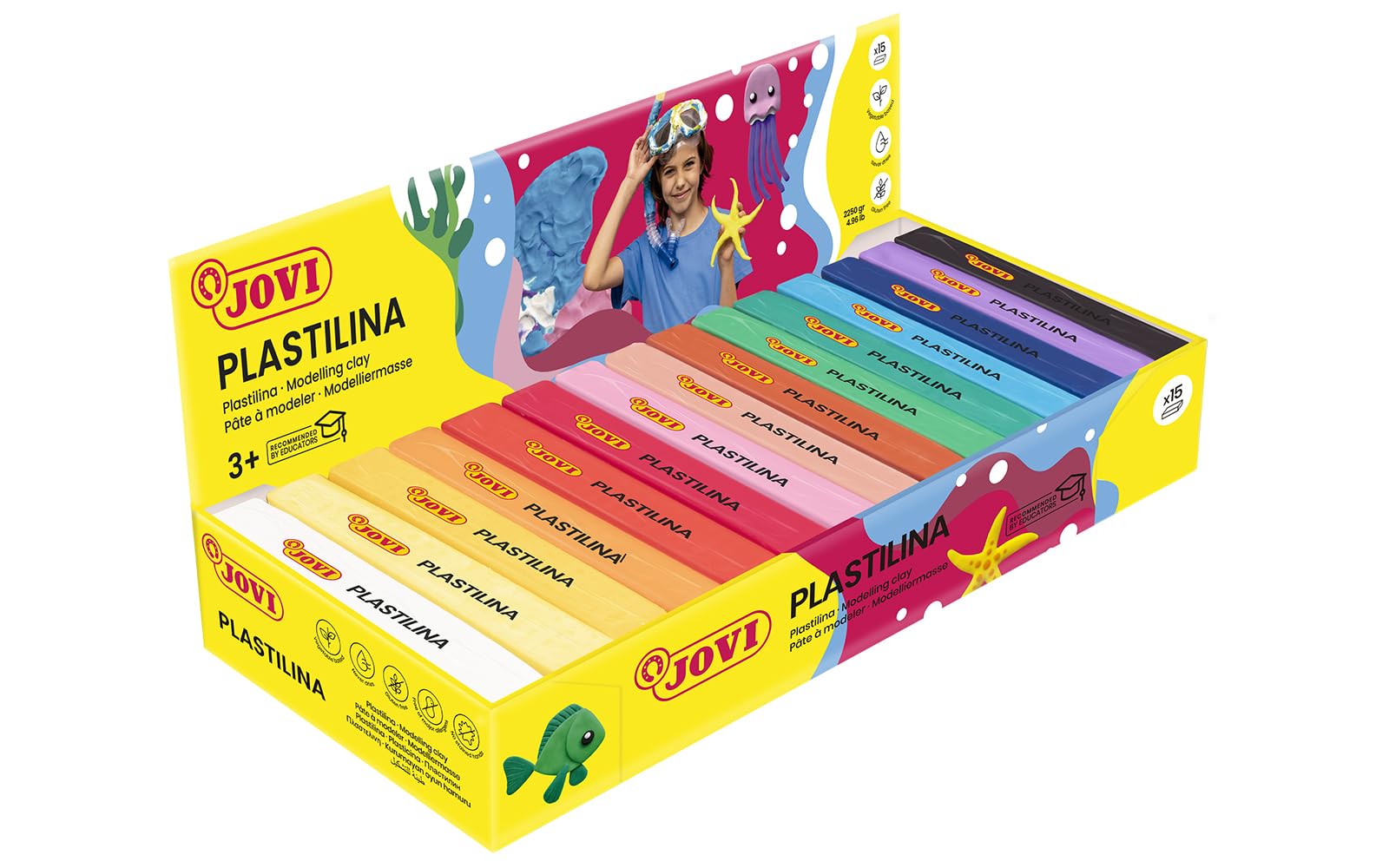 Jovi 71 - Plastilina, 15 unidades, colores surtidos, 150 gramos | Base vegetal, no tóxica, sin gluten, para niños a partir de 3 años, reutilizable, ideal para manualidades y juegos