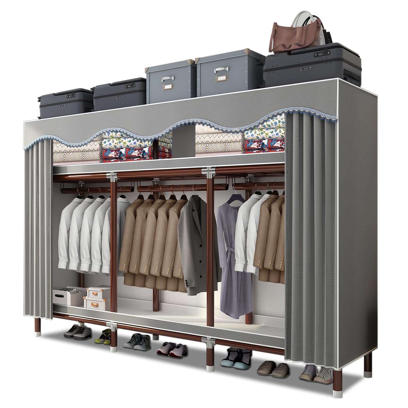 Armario De Tela para Ropa, Armario Plegable De Tela para Dormitorio, Organizador Ropero, Armario Ropero Tela 200x46x170 Cm, Guardarropa Portátil con Puerta De Succión Magnética Fuerte, Gris