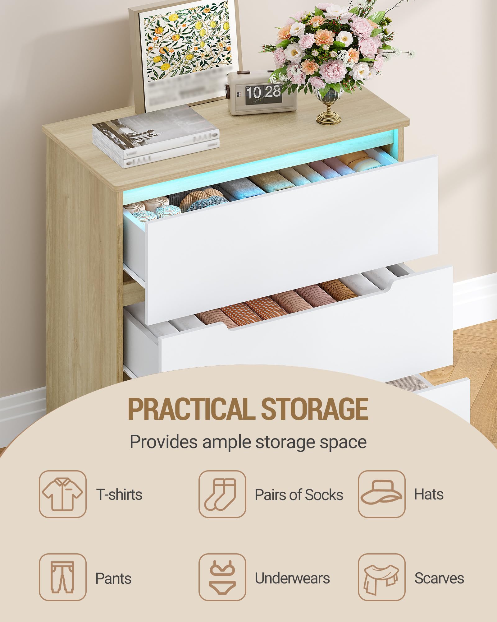 Hzuaneri Cassettiera, 3 Cassetti, Cassettiera Camera da Letto con Striscia Luminosa a LED, Stile Moderno, Adatto per Soggiorno, Camera da Letto, Corridoio, 40 x 70 x 80 cm, Bianco-Rovere EDC01331XEU