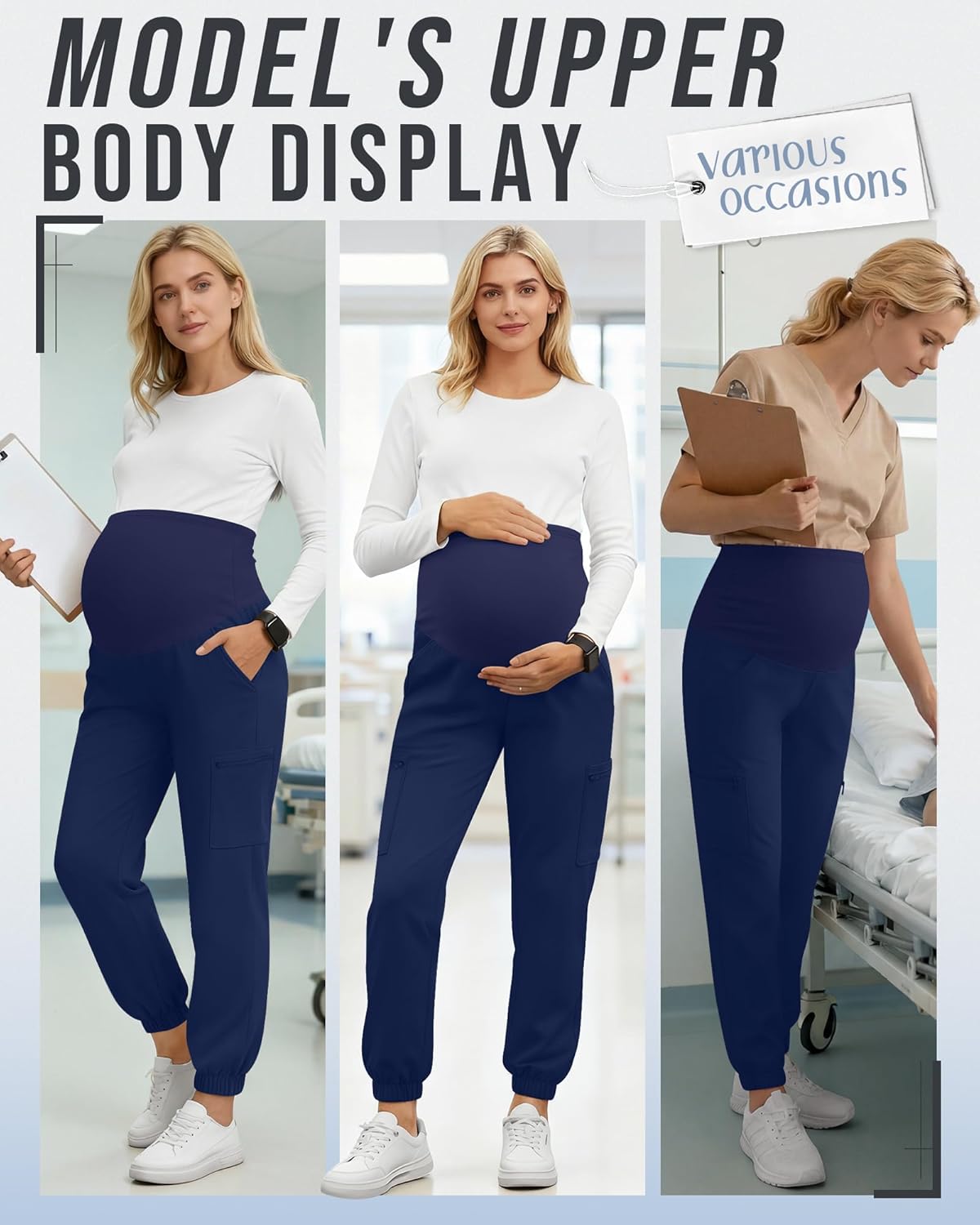 3 Pack Women's Maternity Scrub Pants, Workwear Pregnancy Jogger Pants Over Belly Yoga Sweatpants Zippered Pockets - Image 3