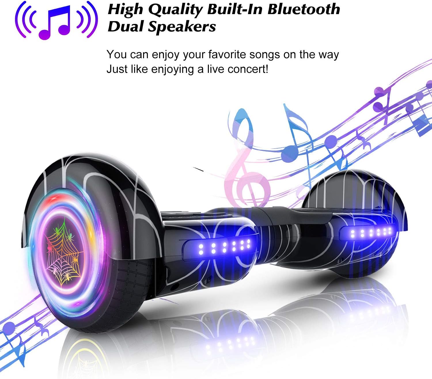 Spider-Pattern Hoverboard for Kids Ages 6-12, with Bluetooth Speaker and LED Lights 6.5" Hover Board, UL2272 Safety Certified (Black)