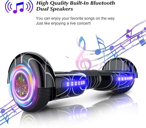 Miniatura 7 de EMAXUSA, Hoverboard con patrón de araña para niños de 6 a 12 años, con altavoz Bluetooth y luces LED, tabla deslizante de 6.5 pulgadas, certificado