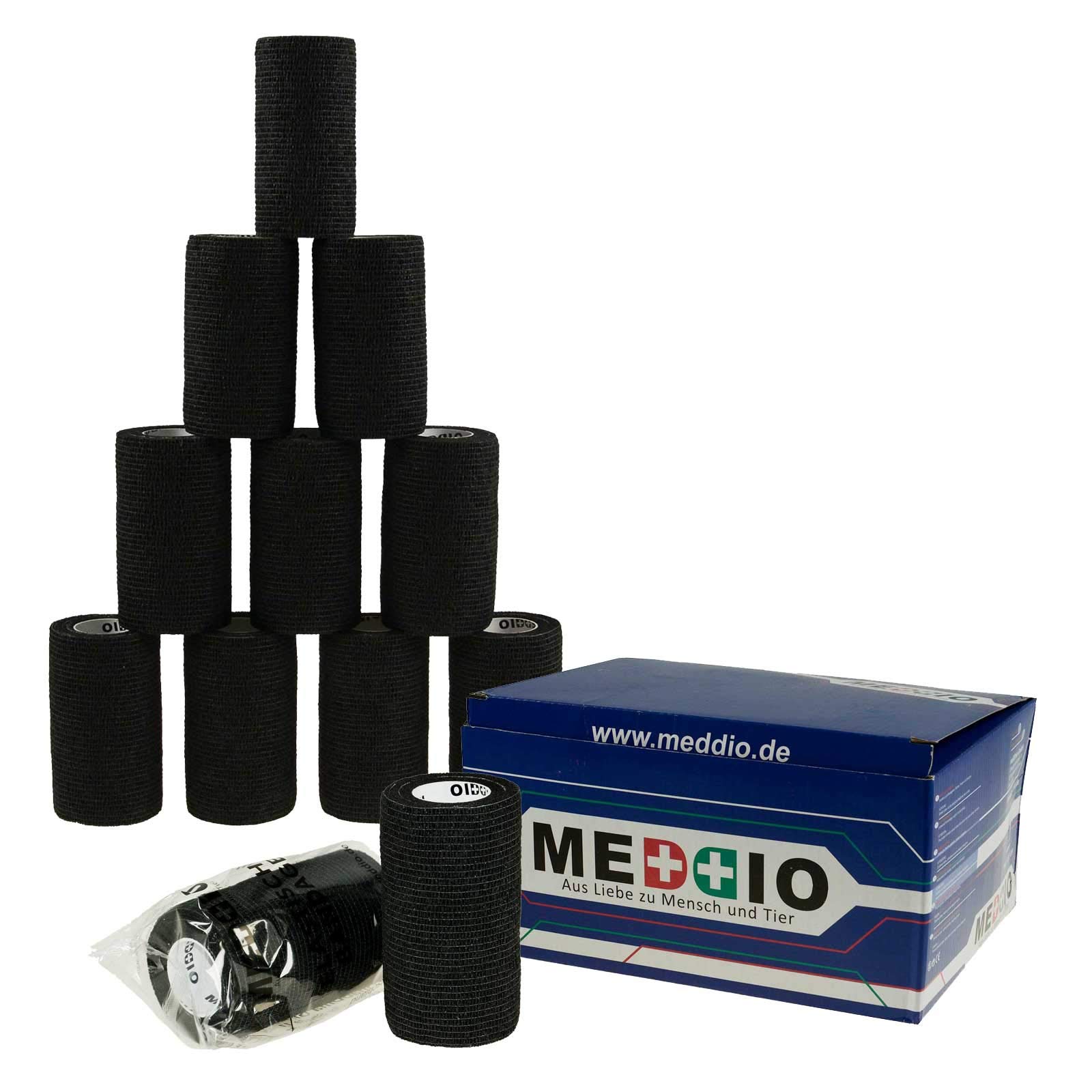 maDDma Mullwatterolle 40x500cm + 12 Haftbandagen 10cm schwarz selbsthaftende Bandagen Mullwatte Verbandwatte Mull