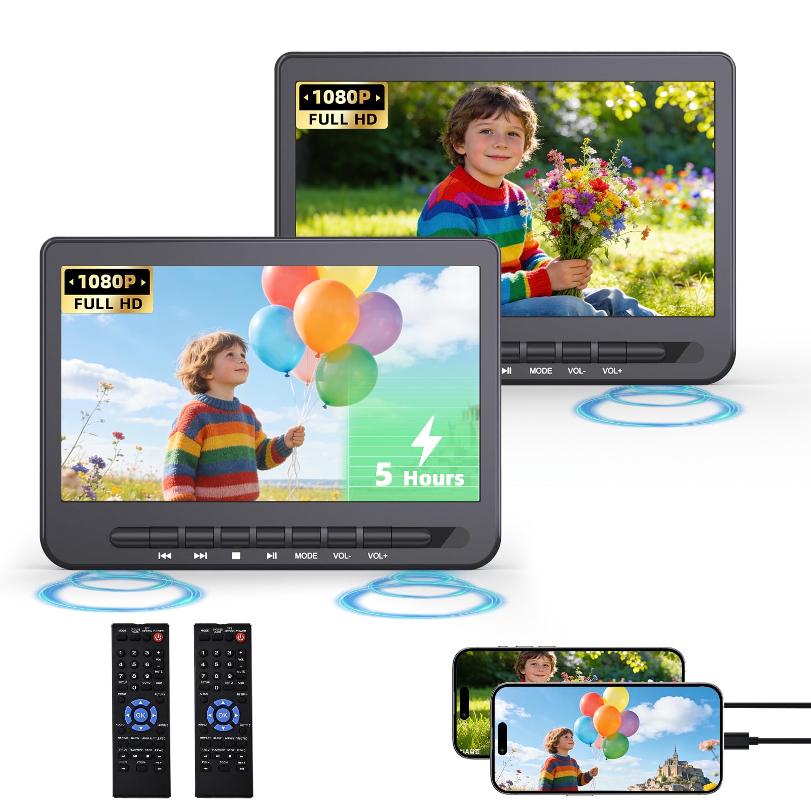 10.5" Car DVD Player Dual Screen with 1080P HDMI Input, FELEMAN Dual Portable DVD Player for Car Play A Same or Two Different Movies, 5-Hour Rechargeable Battery, Support USB, Region Free,2 Brackets-image-18