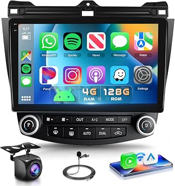 4G+128G Car Radio for Honda Accord 7th 2003-2007 Stereo 10.1 inch in-Cell Screen Full Touchscreen Wireless CarPlay/Android Auto Android 15 Bluetooth DSP FM/RDS GPS WiFi SWC AHD Backup Camera