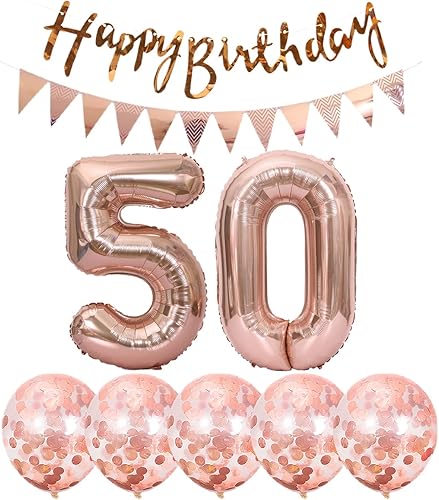 Chaungfu Guirnalda de cumpleaños número 50 de oro rosa + pancarta + 5 globos de confeti