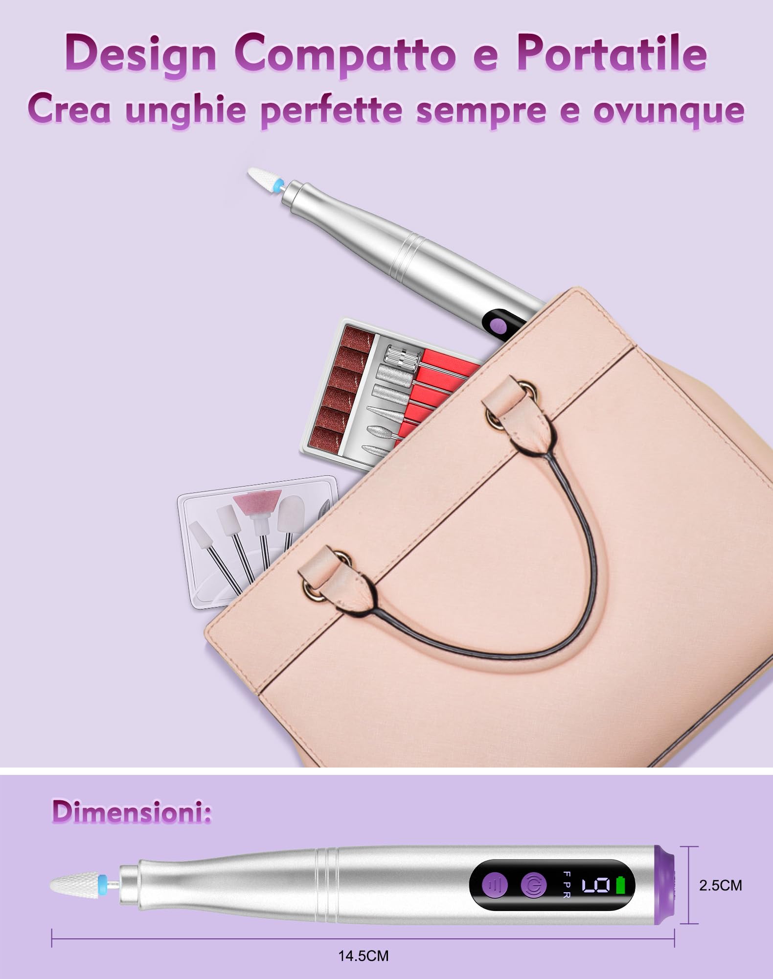 Fresa per Unghie Professionale 20000 Giri/min, Lima per Unghie Elettrica 12 in 1 con Display LCD, 9 Velocità Regolabili, Micromotore Unghie Ricaricabile per Manicure e Pedicure