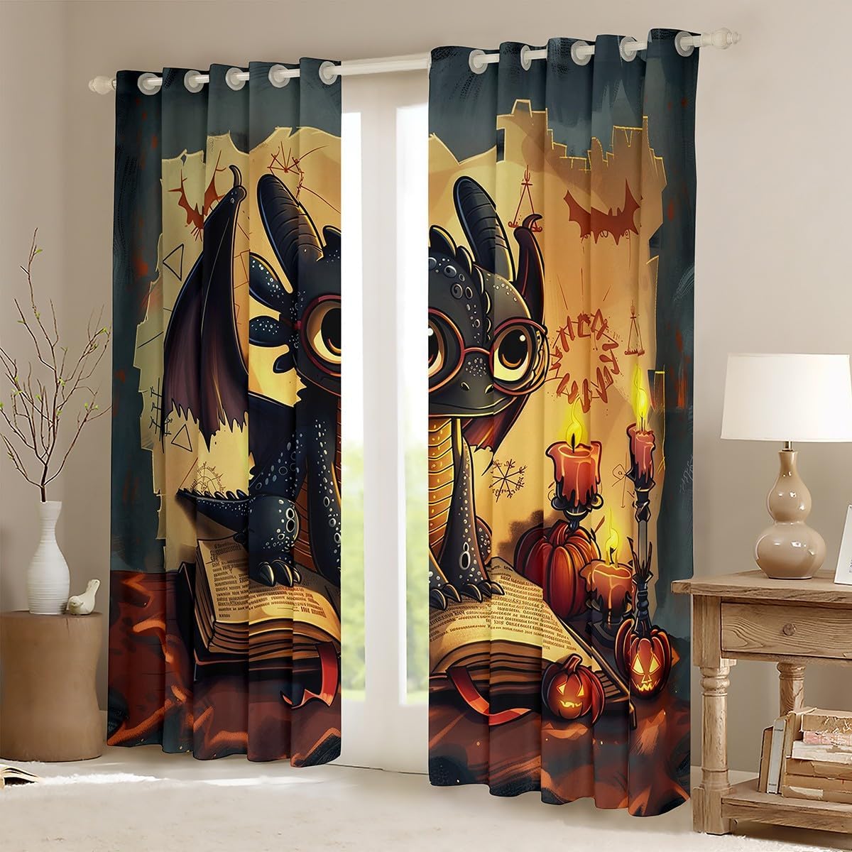Manfei Western Dragon Window Drapes Blackout 30%-50%,Cartoon Black Dragon Halloween Animal Trippy Kitchen Window Treatments 42Wx90L,Magical Book Pumpkin Retro Graffiti Decor Window Curtains