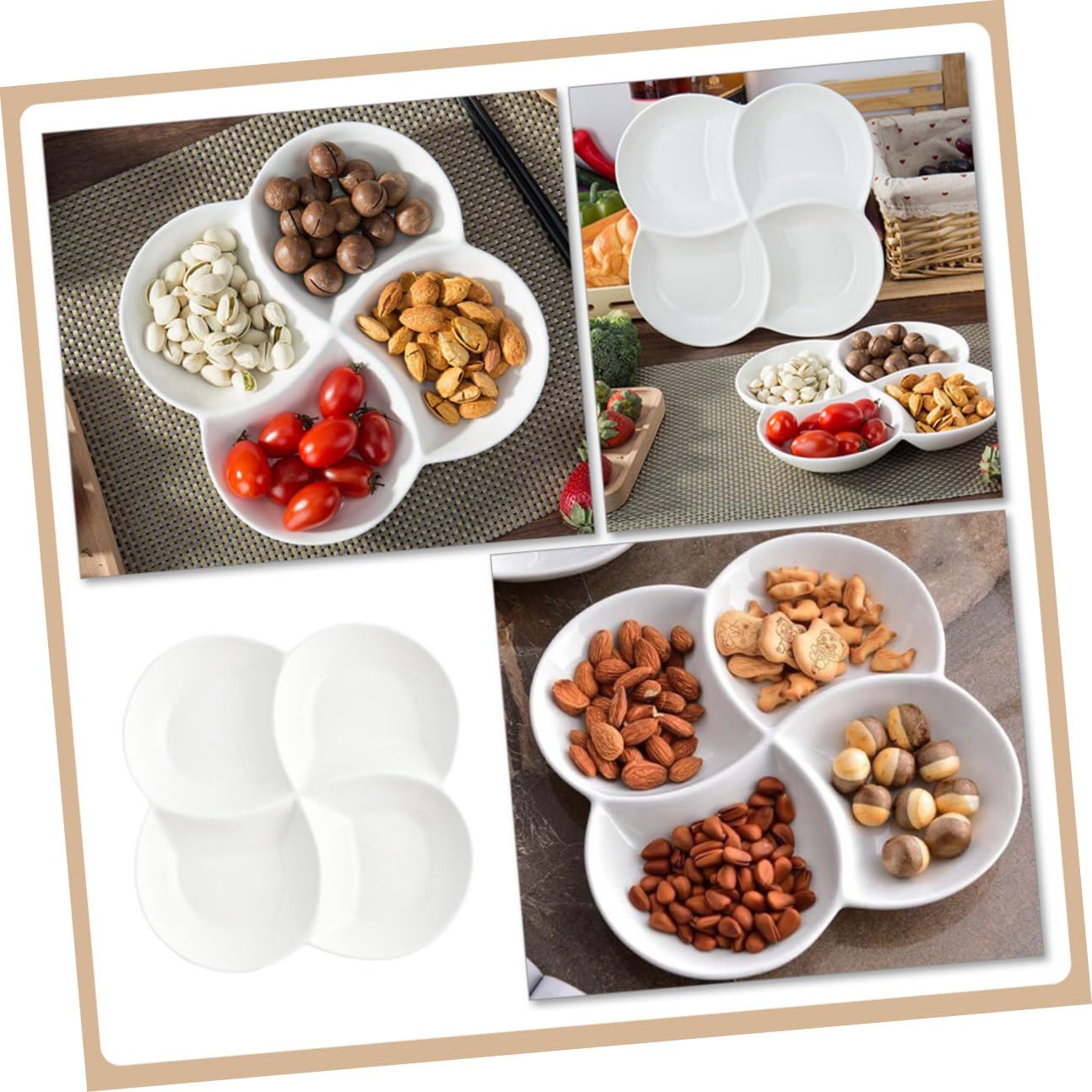 BESPORTBLE Bandeja de Cerámica de Color Claro 4 Compartimentos para Servir Comida, Plato Superficie Lisa Adecuado para Ensaladas y Dulces en Comedores Escolares