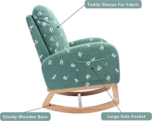 Miniatura 5 de Setawix Mecedora de peluche para guardería, sillón moderno de mediados de siglo con bolsillo lateral, mecedora tapizada de madera con respaldo alto