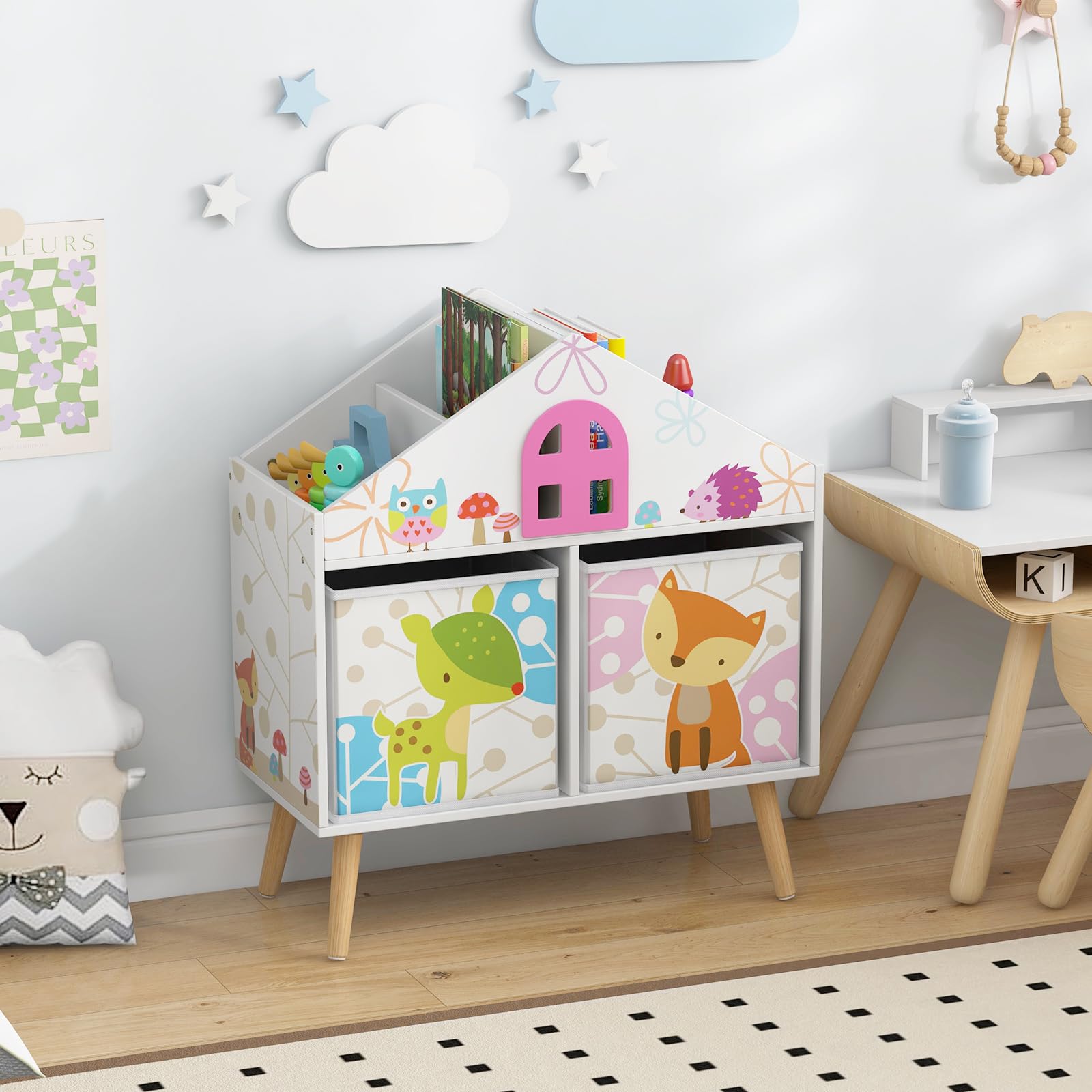 GOPLUS Estanteria Infantil de Juguetes y Libros para Niños, Organizador de Almacenamiento con 2 Cajones y 4 Compartimentos Abiertos de Gran Capacidad, Mueble Infantil con Patas Elevadas, 62×30×72 cm
