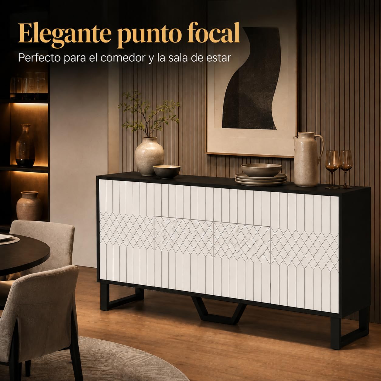 Aparador Blanco-Negro 160cm con Frente Geométrico – Cómoda con Cajón Push-to-Open, 4 Puertas & Pata en V Metálica, 50kg – Bufet para Salón & Comedor, 160×78×40cm