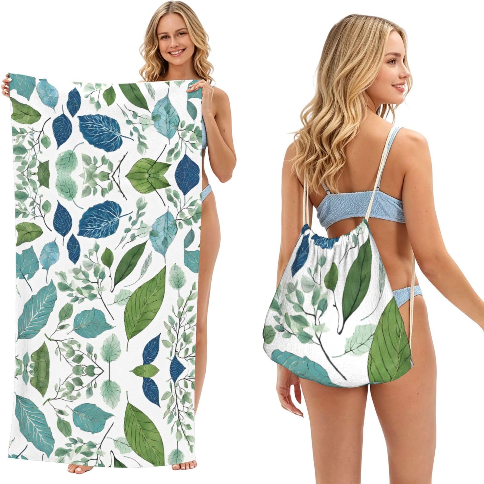 ESNAIUVCD Green Eucalyptus Leaves Print Beach Towel For Adults,Towel With Drawstring Bag, Travel Pool Swimming Sports Shower Sand Free Quick Dry Bath Towel For Pool, Beach, Yoga- 180x60cm