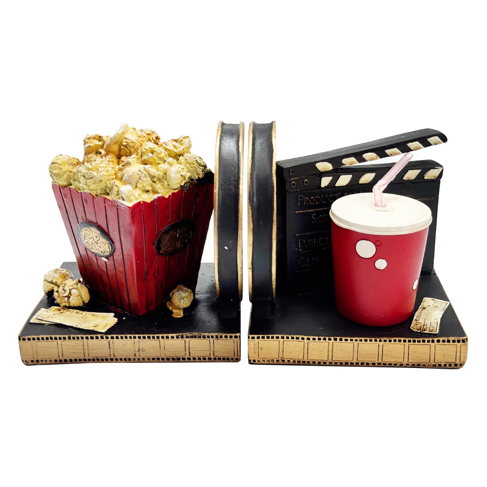 Vintage Dekorative Buchstützen, Neuheit Filmrolle Klappe und Popcorn Getränke Buchstützen, Hochbelastbare Harz Buchstützen für Regale Heim Büro Dekorationen, Geschenk für Regisseure Künstler