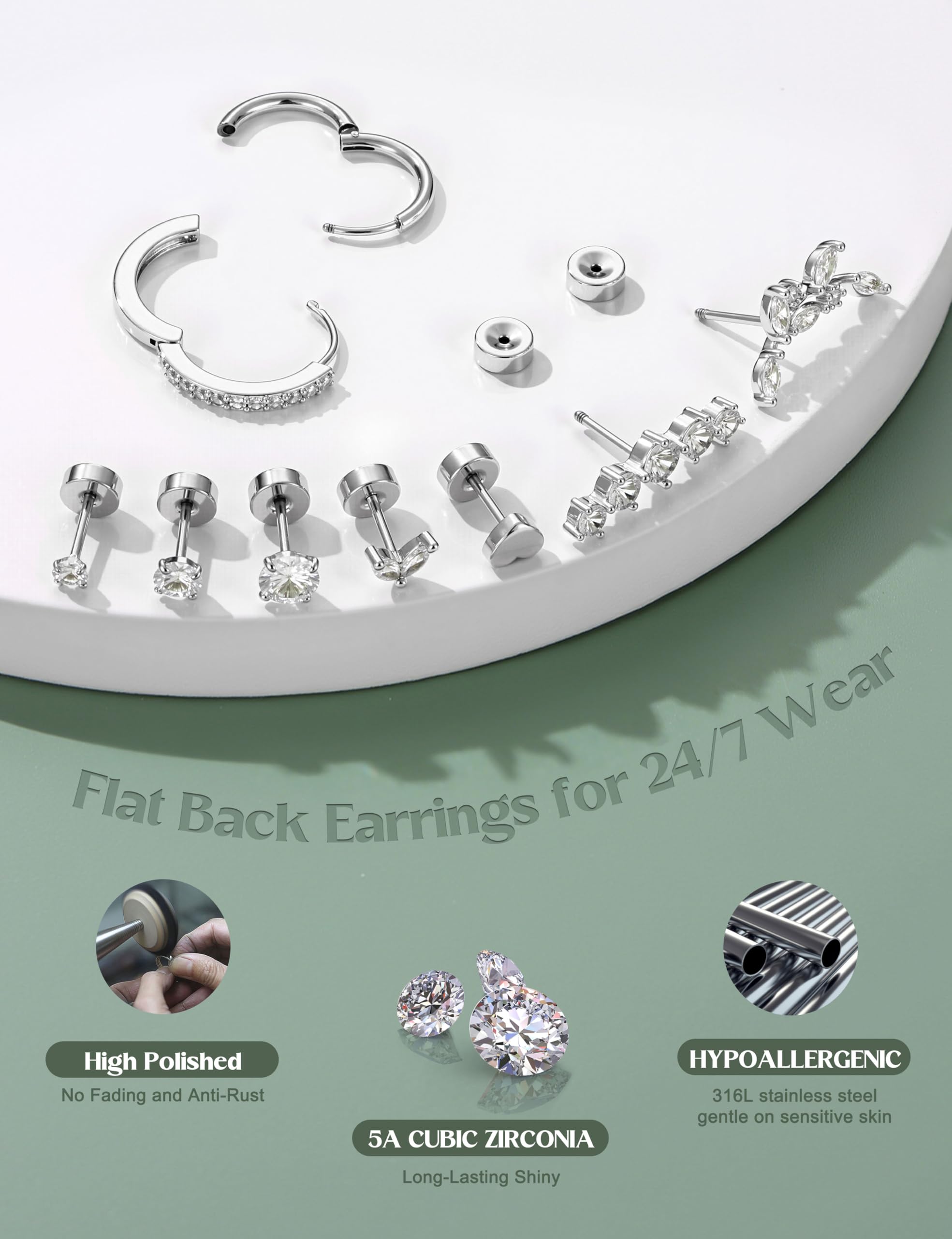 Adramata 12 Paia Set Orecchini Donna Acciaio Inossidabile Orecchino Cerchio Piccoli Orecchino a Bottone Anallergici Conch Trago Helix Piercing Orecchio Orecchini Donna Oro Argento
