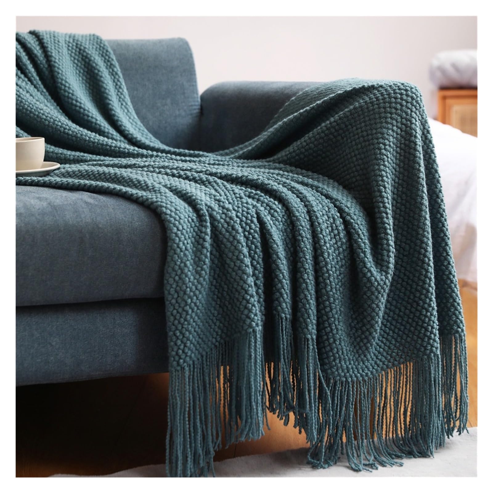 GCYEIDMA Throw Blanket Corn Grain Embossed Knitted Blanket Home Decorative Thickened Winter Warm Tassels Throw Bedspread 130x240cm(Color2)