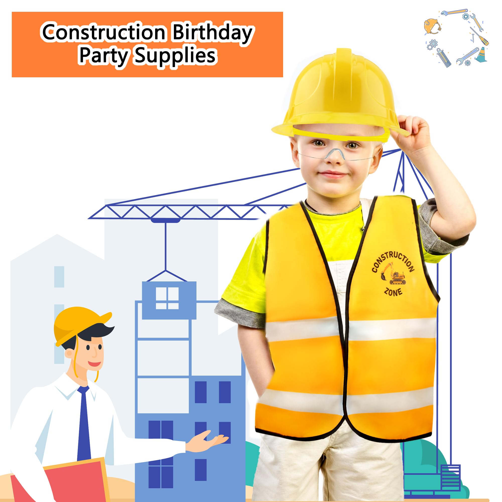 Flotory 24 Pcs Kids Construction Worker Vest Costume Construction Role Play Vest with Hat and Goggles Builder Career Outfit for Boys Girls Dress Up Party FavorHalloween - Image 3