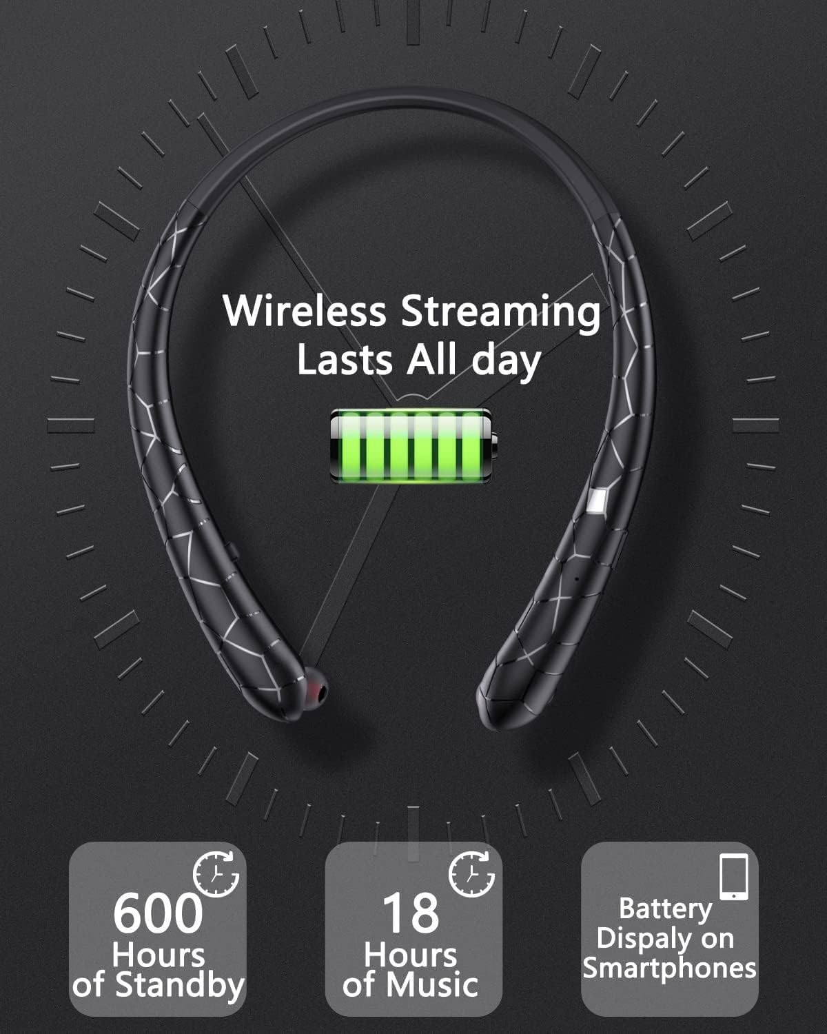 Neckband Bluetooth Earphones, Retractable Cord, 18H Playtime, IPX5 Waterproof, 10mm Speaker, CVC 8.0 Call, Bluetooth 5.0, Vibration Alert for Sports Gym Running, Black