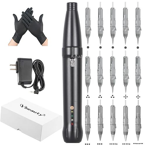 Kit de máquina con cable para tatuaje de cejas, lápiz delineador de ojos con micropigmentación con cable con 15 cartuchos de agujas para delineador