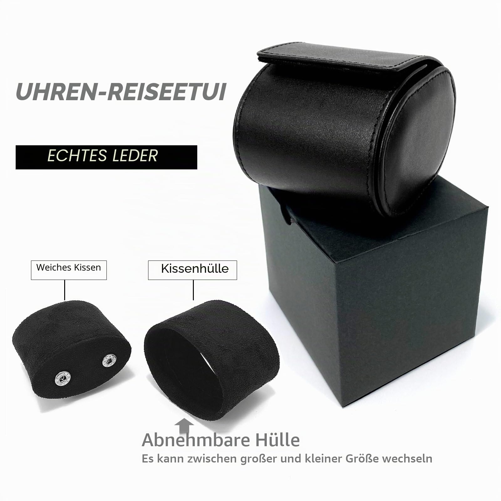 Uhrenrolle und Reiseetui, echtes Leder, individuelle Uhrenbox für Damen und Herren, Uhren-Organizer mit Wildlederschutz, sichere Aufbewahrung, Geschenkbox (Schwarz)