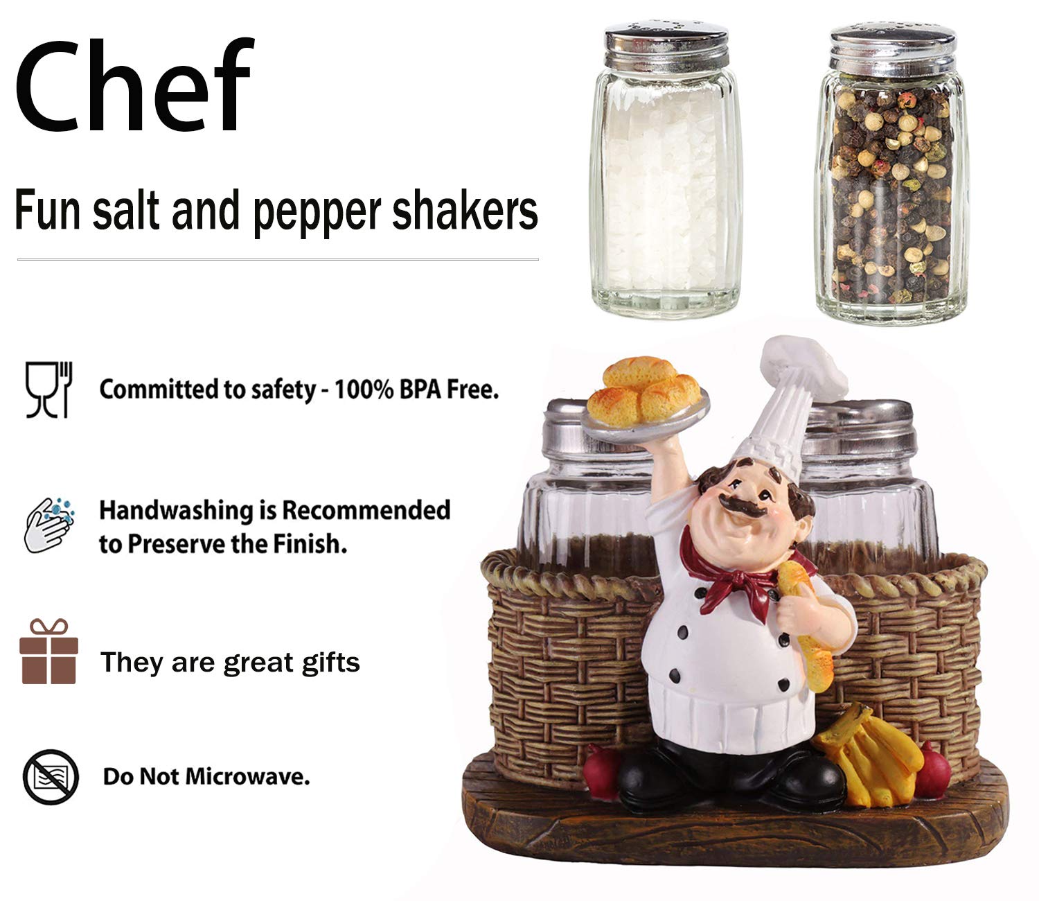 Juego de salero y pimentero, organizador de especias decorativo de chef sentado, tarros de especias de cristal con soporte para la familia, cocina, restaurante, cafetería, panadería