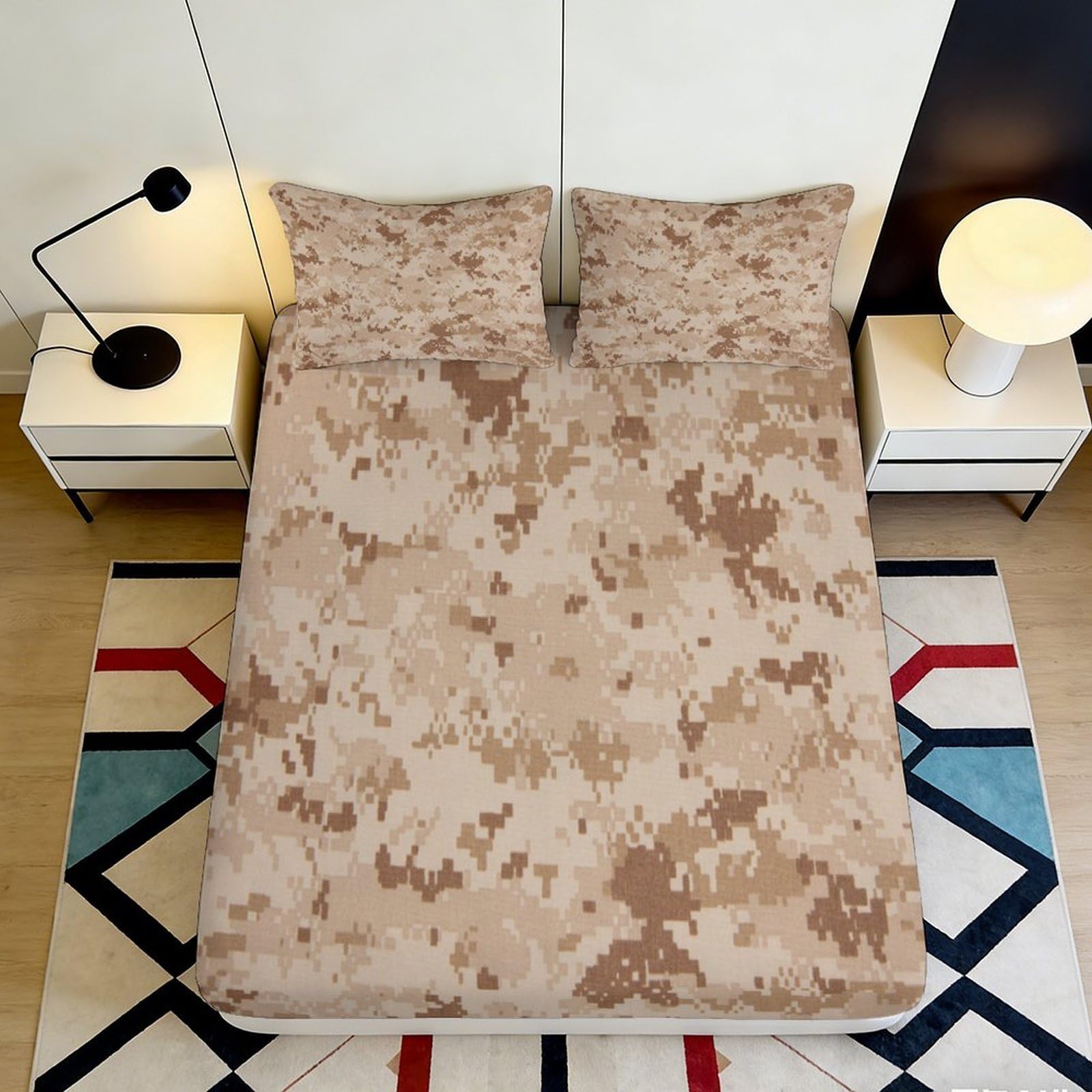 3D Printed Desert Digital Camouflage Fitted Sheet Microfiber Soft Breathable Sand Pixel Bed Cover for Bedroom Dorm Mattress Decor 180x200x25cm