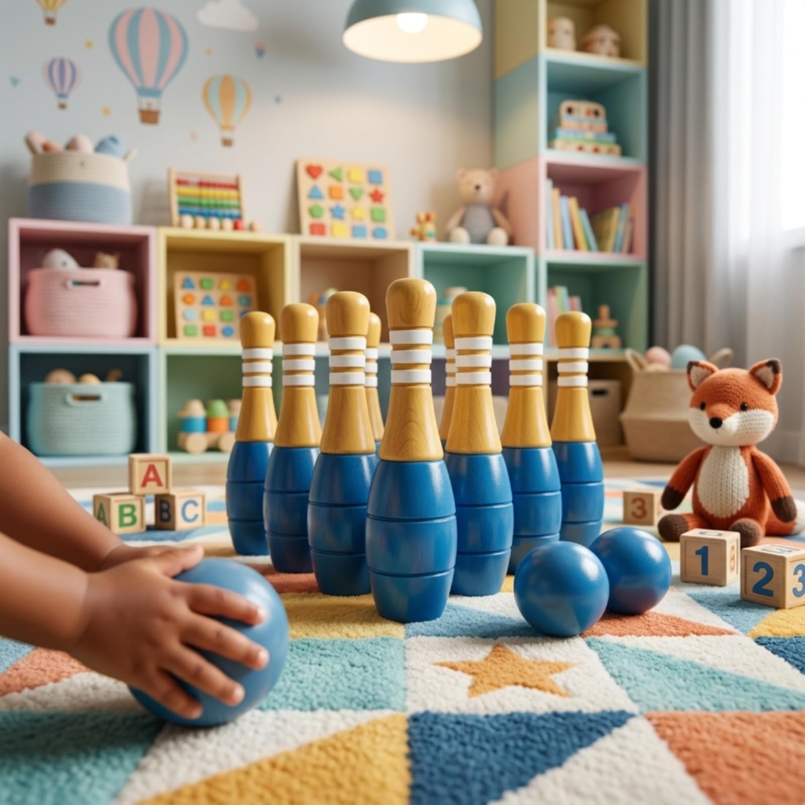 F Fityle Juego de para Niños Set Infantil de Boliche Madera Maciza Pinos y Bola Diseño Tradicional Apariencia Atractiva Favorece la Motricidad y la