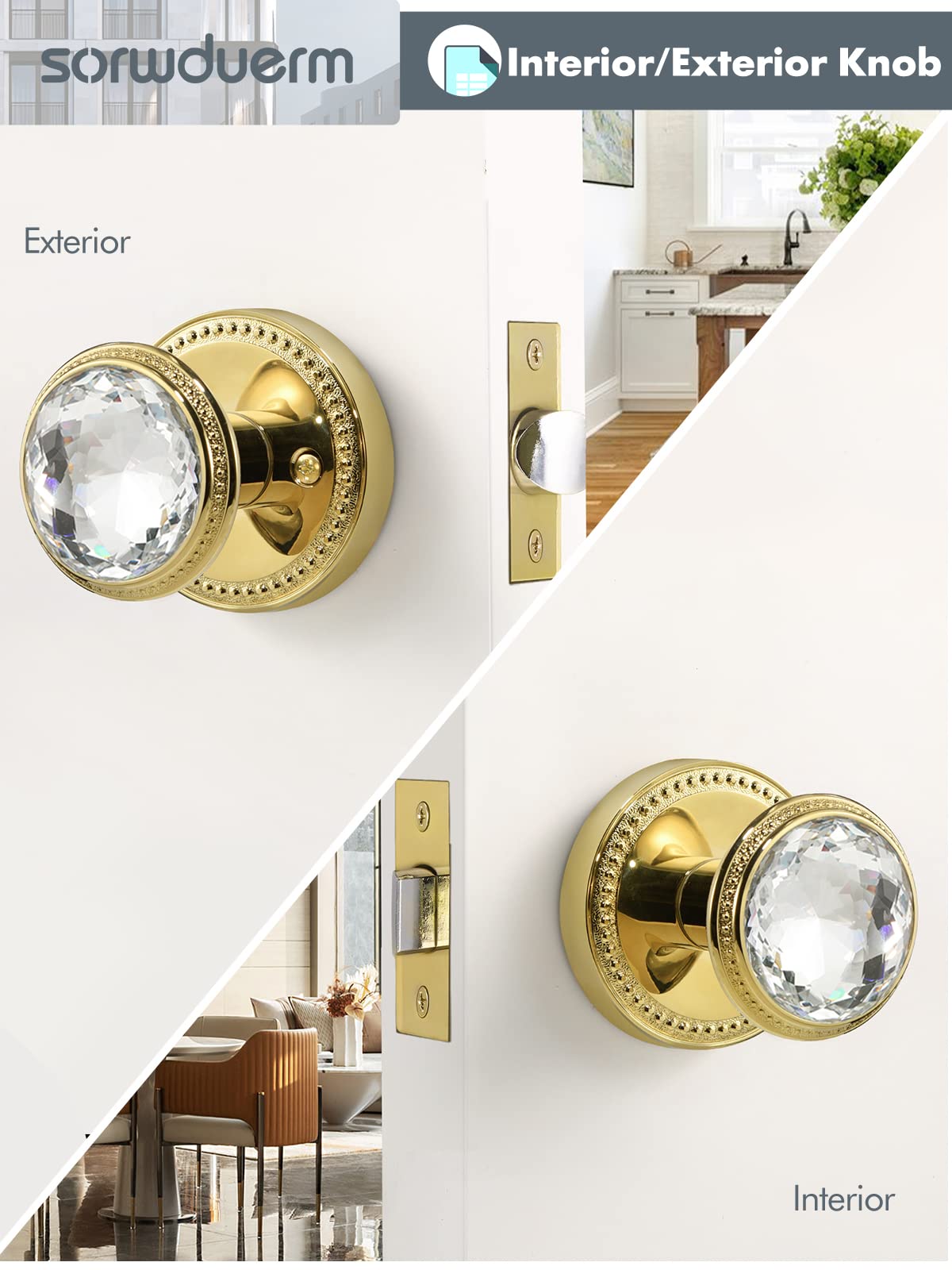 SORWDUERM 1 Pack Crystal Door Knobs Antique Brass Door Knob Passage Door Knobs Glass Interior Door Knob For Hall And Closet