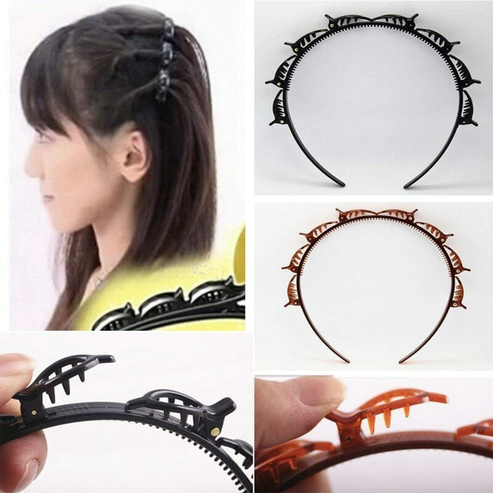 Forcina per acconciatura a doppia frangia, fascia per capelli da donna con fascia per capelli con clip a treccia per capelli (Nero