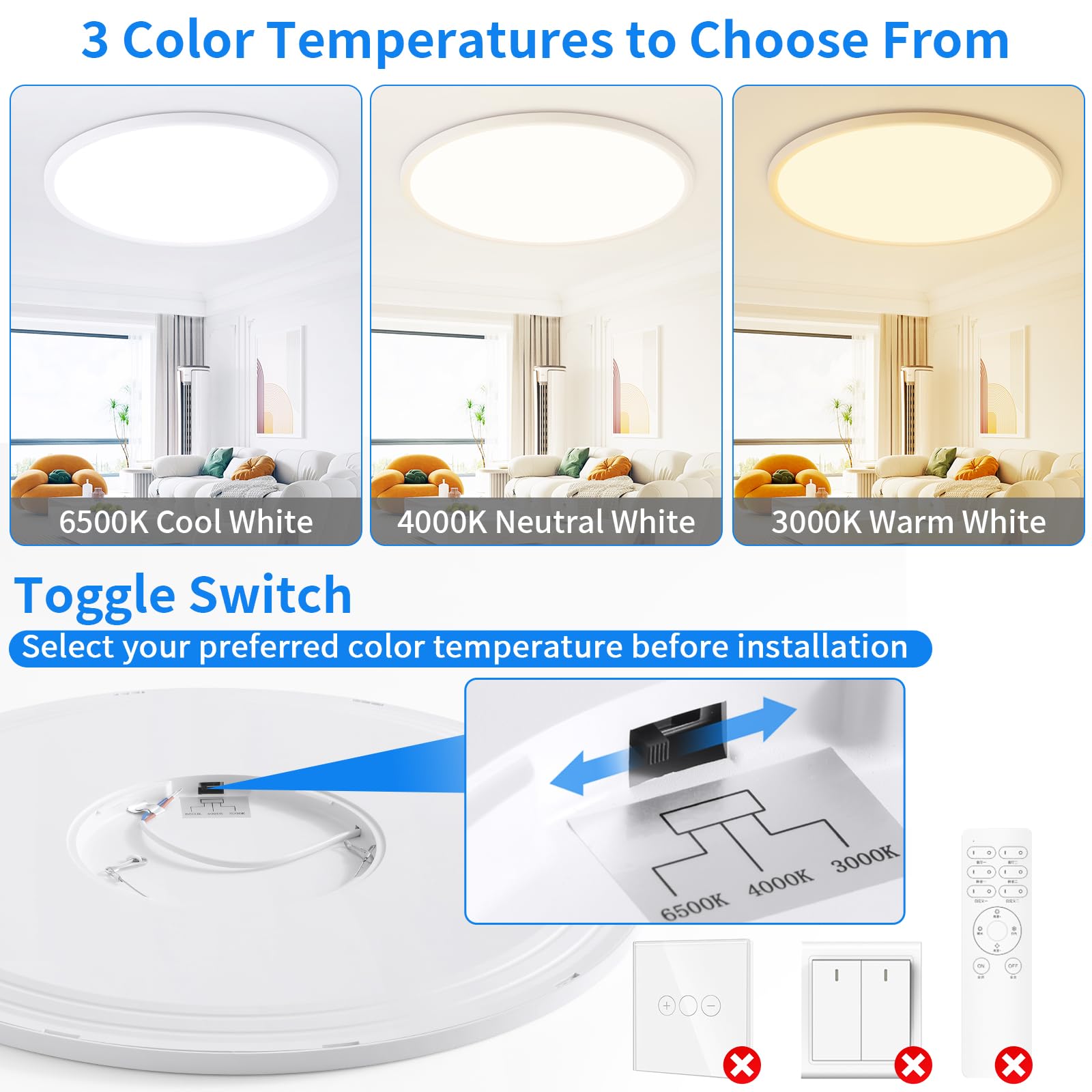 MOONSEA Deckenlampe LED Deckenleuchte Flach 52W Ø59cm 3 Farben Lampe Rund | 3000K/4000K/6500K Deckenlampe Wohnzimmer, Ultra Dünn Deckenlampe Weiß für Wohnzimmer Schlafzimmer Kinderzimmer Büro