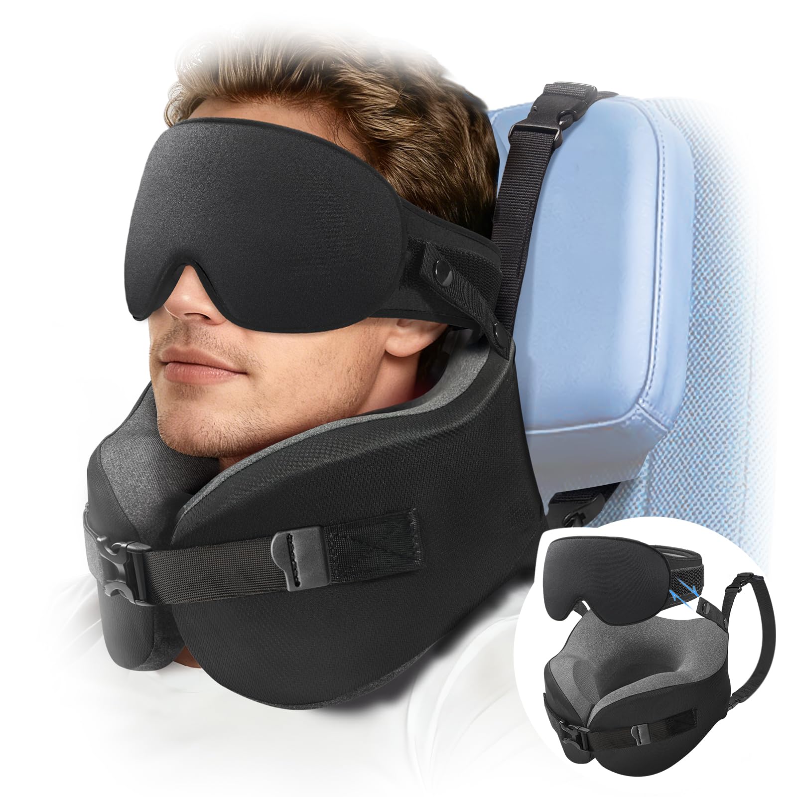 Umisleep Nackenkissen Flugzeug für Langen Flug, mit 3D-Schlafmaske, Nackenkissen Memory Foam 360° Stütze an Kopf & Nacken, Reisekissen Verhindert Kopf-Nicken für Flugzeug Auto Zug, Schwarz