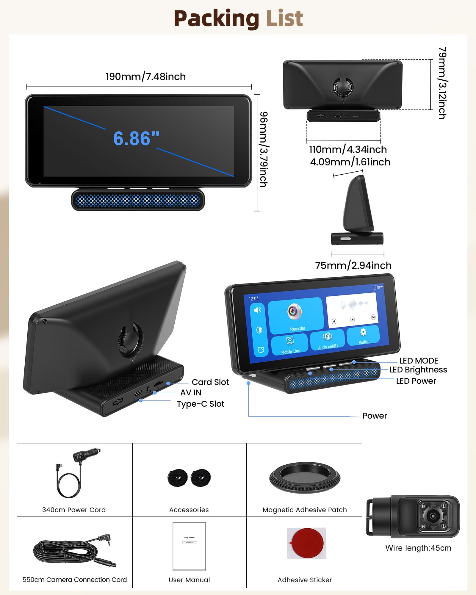 Telecamera per bambini da 6,86 pollici con supporto CarPlay, Android Auto e Bluetooth per auto, camion e furgoni, compatibile con poggiatesta.
