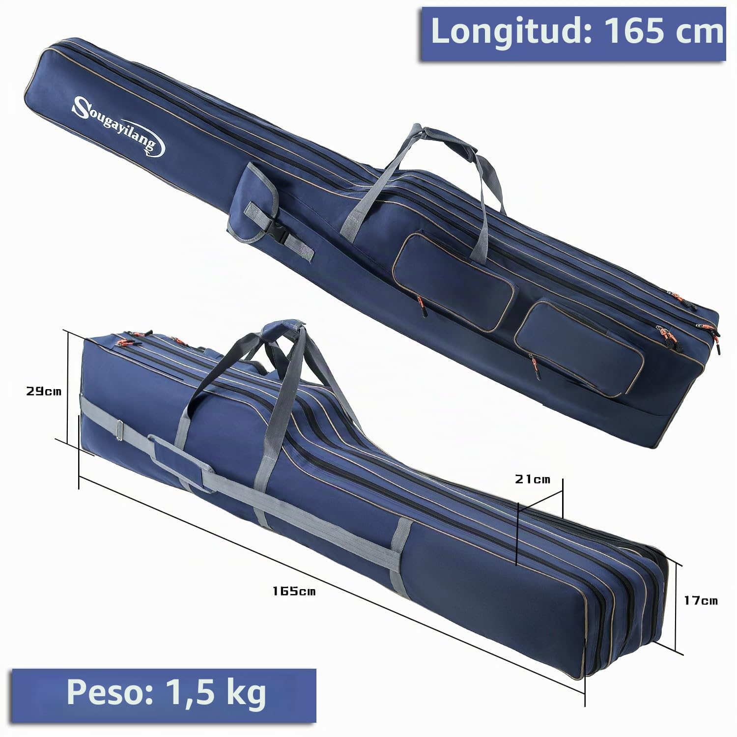 Sougayilang Bolsa plegable portátil para caña de pescar, almacenamiento de aparejos de gran capacidad de 3 capas, 135/165 cm, Azul-165 cm, 165 cm, Práctico