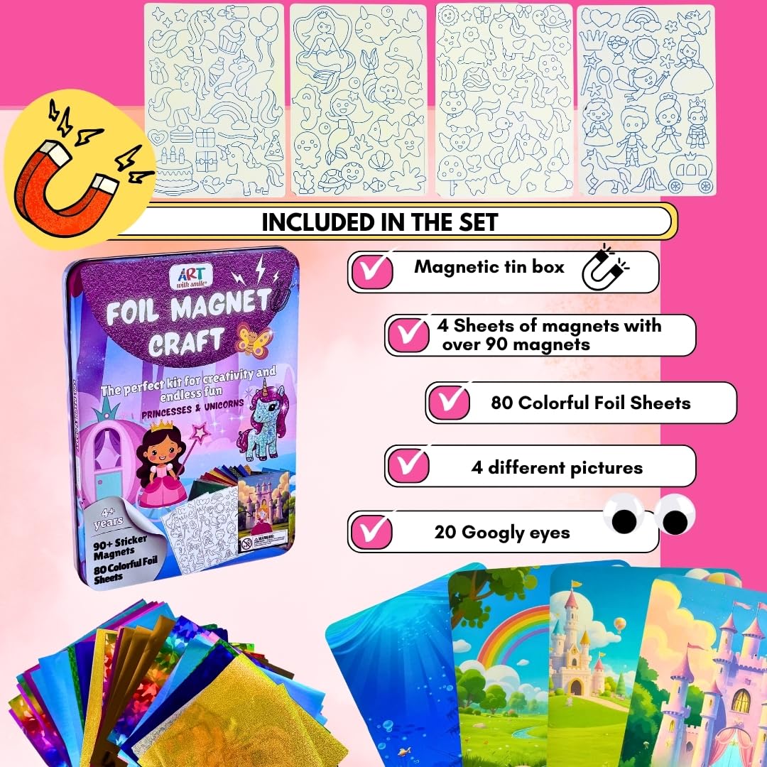 Foil Fun Art Kit for Kids, Reusable Princesses & Unicorns Foil Art for Girls & Boys, DIY Mess-Free Girls Craft Kit w/Magnets - Image 2