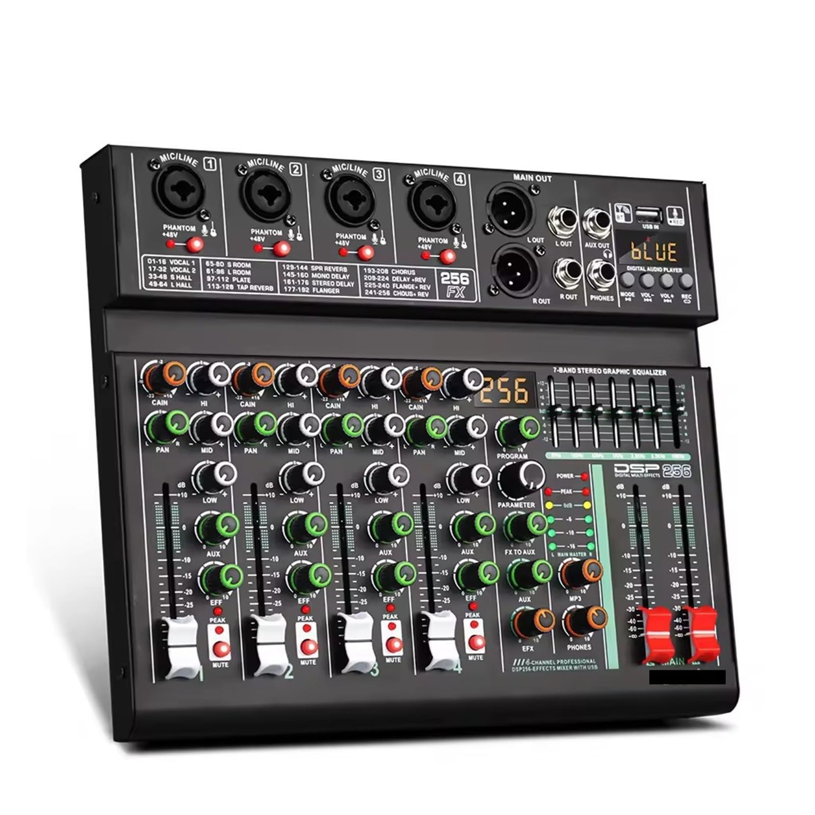 4-kanałowy mikser kontrolera DJ z 256 efektami DSP, interfejs audio USB, konsola miksująca Bluetooth 5.0 z zasilaniem fantomowym 48 V do nagrywania i transmisji na żywo