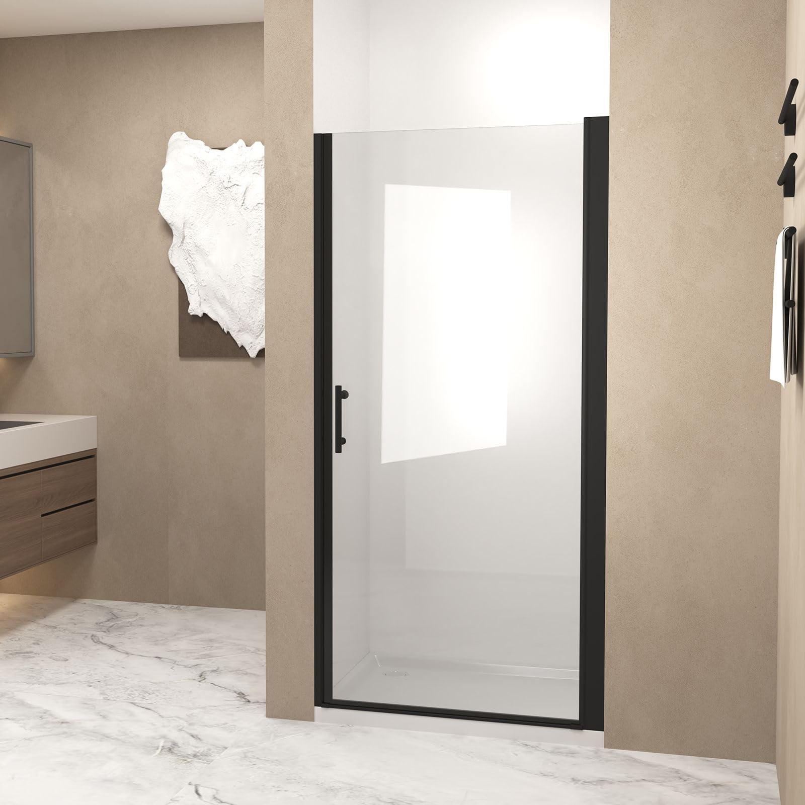 32-33"x72" pivot shower door, matte black aluminum frame, 1/4"(6mm) tempered glass with explosion proof film, half frame & water blocking design