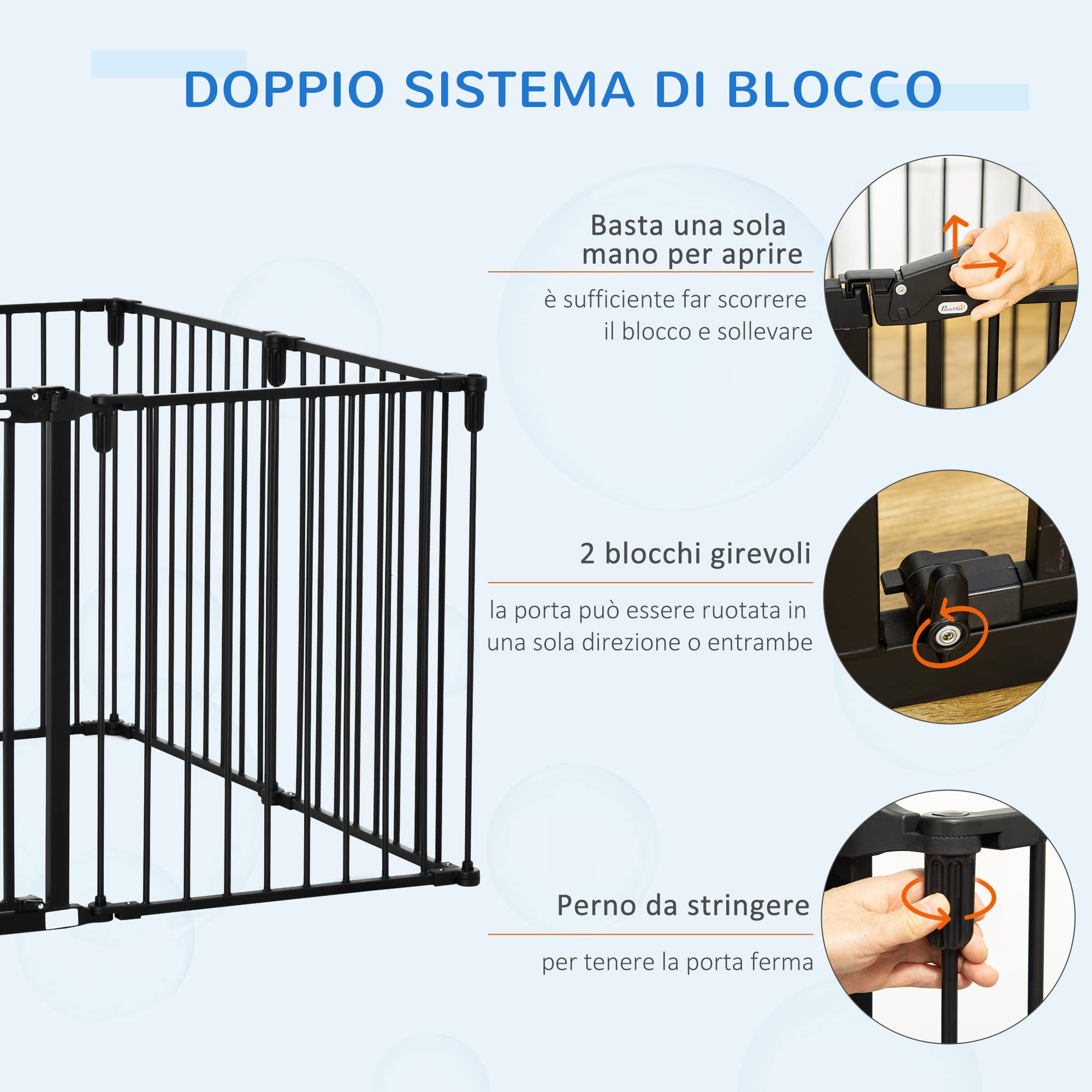 PawHut Cancelletto di Sicurezza Pieghevole 8 Sezioni, Cancellino Barriera per Cani in Acciaio, Sistema di Blocco e Chiusura Automatica, Nero