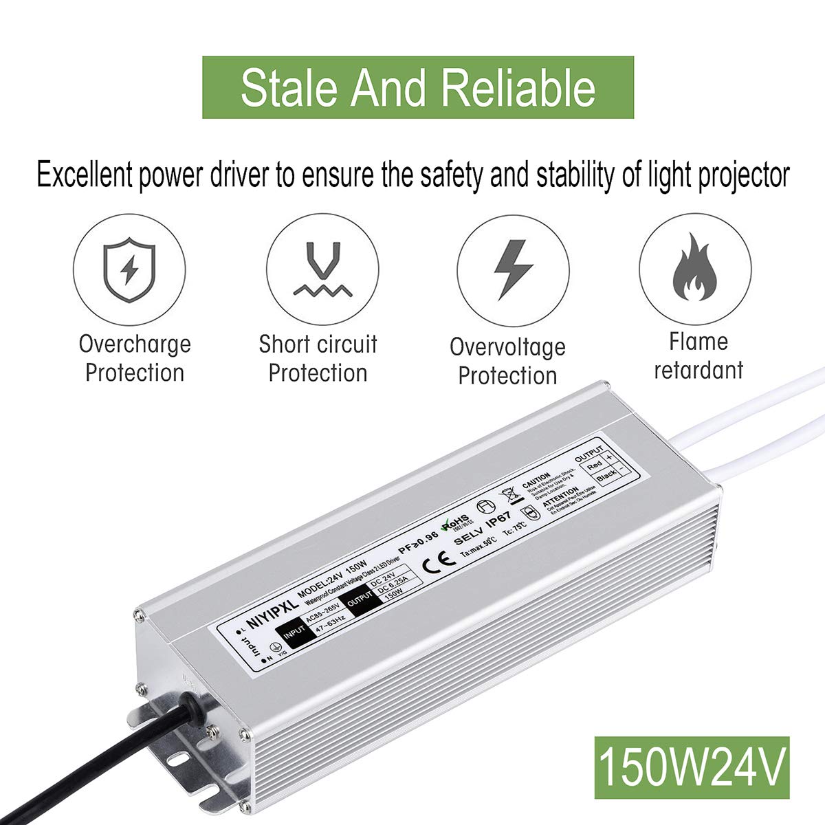 LED Driver 150 Watts 24V DC Low Voltage Transformer， Waterproof IP67 LED Power Supply, Adapter with 3-Prong Plug 3.3 Feet Cable for Any 24V DC led Lights, Computer Project, Outdoor Light